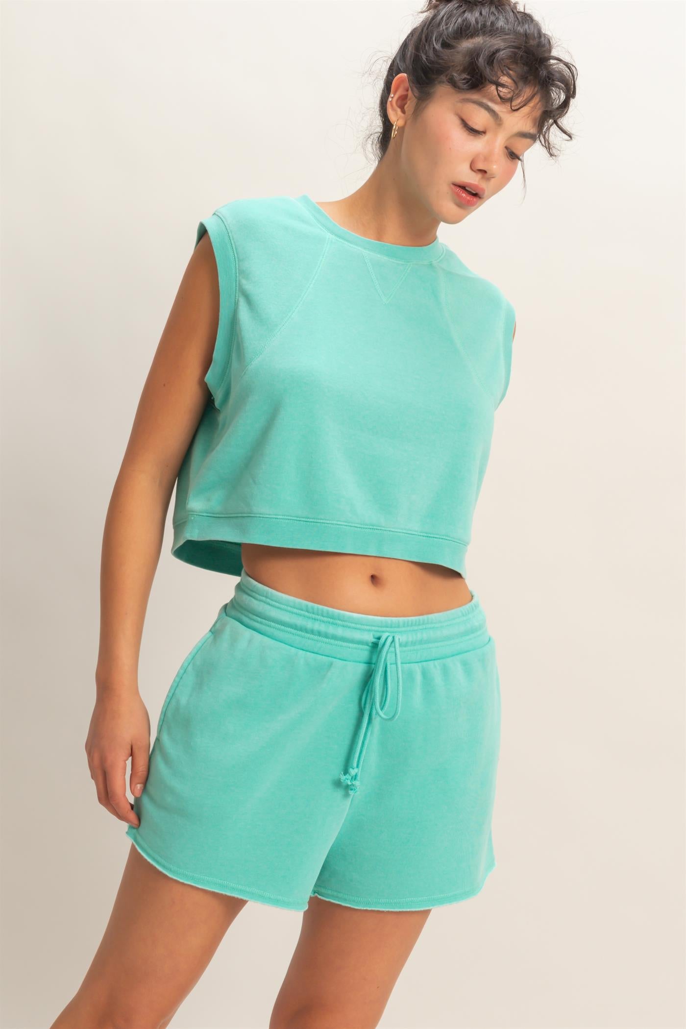 Wholesale Burnout French Terry Sleeveless Top & Shorts Set Clothing Tops DZ26A171-SET TURQUOISE DOUBLE ZERO