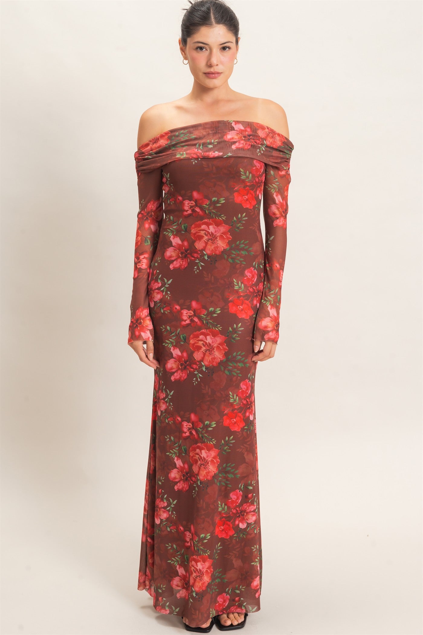 Wholesale Off Shoulder Floral Mesh Dress Dresses HF26E008 BROWN HYFVE