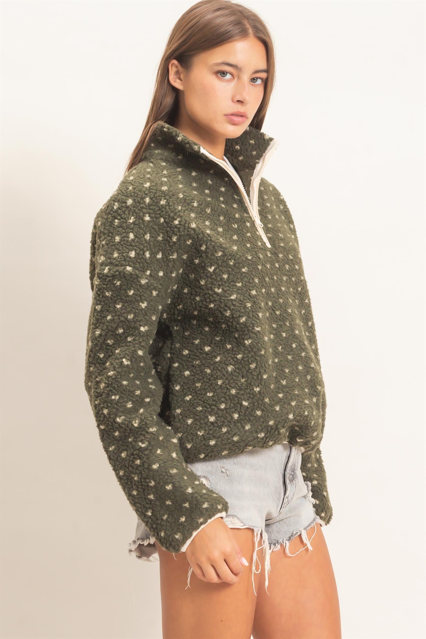 Wholesale Polka Dot Sherpa Half-Zip Pullover Coats & Jackets DZ26F161 DARK OLIVE DOUBLE ZERO