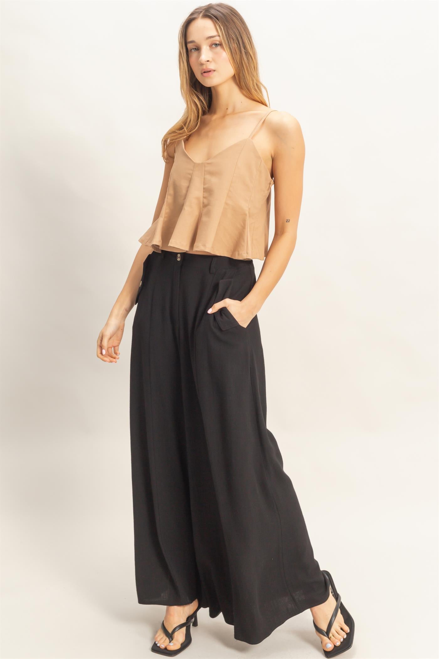 Wholesale Spaghetti Strap Peplum Top Blouses HF26A613 DARK TAUPE HYFVE