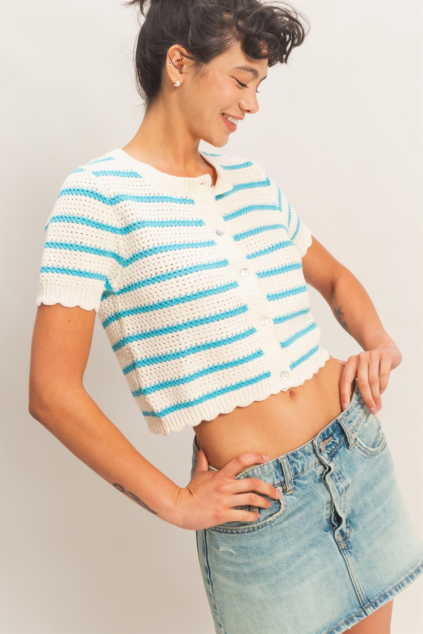 Wholesale Striped Short Sleeve Cardigan With Scallop Edge Cardigans DZ26A605 BLUE DOUBLE ZERO