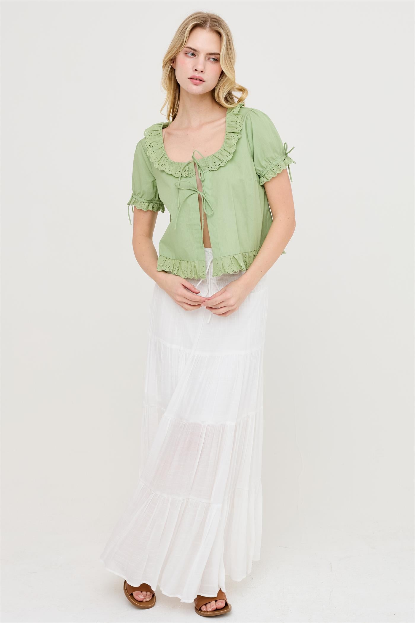 Wholesale Lace Trim Peasant Top Blouses HF26C137 LIGHT OLIVE HYFVE