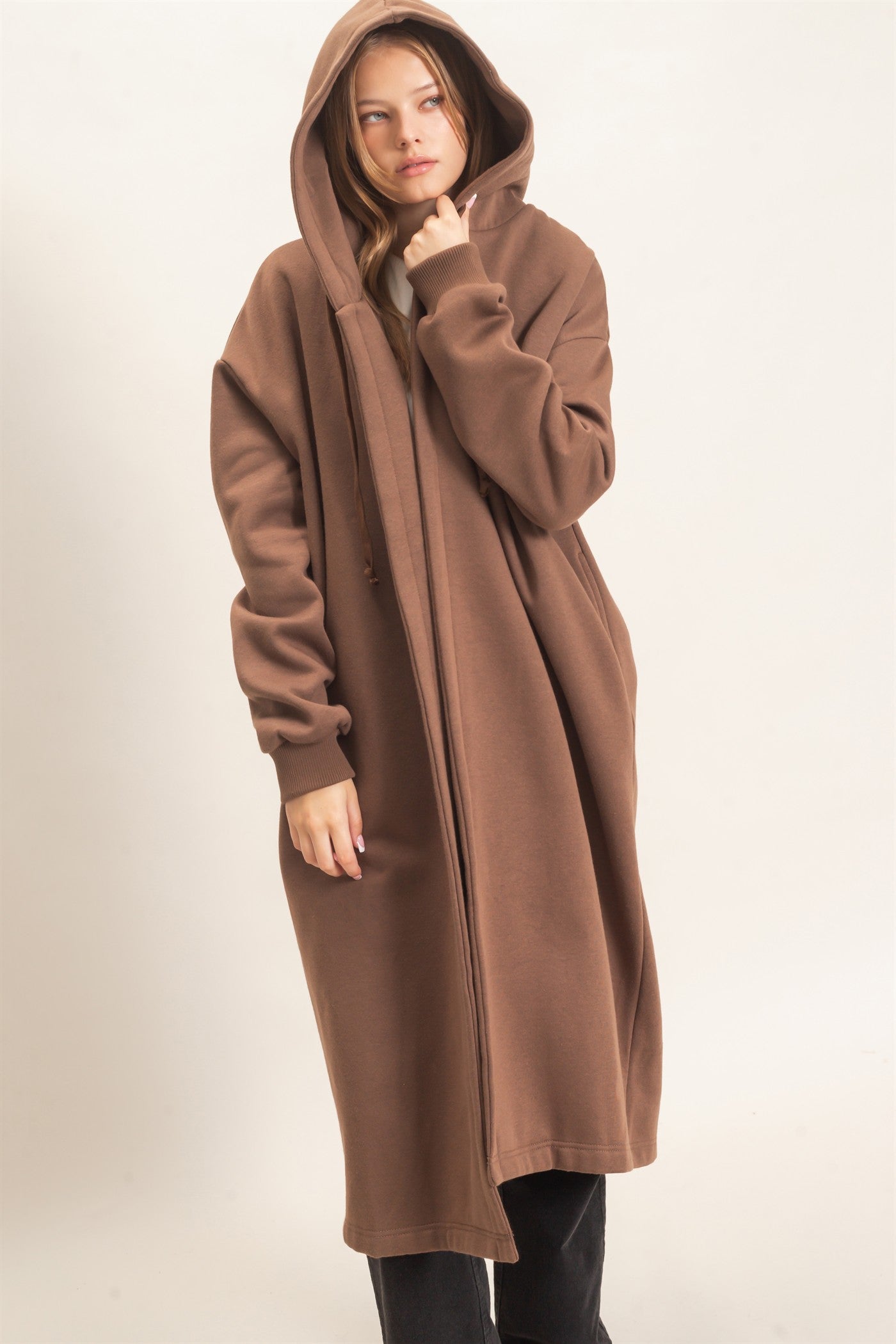 Wholesale Oversized Hooded Open Front Coat Coats & Jackets HF26F142-D BROWN HYFVE