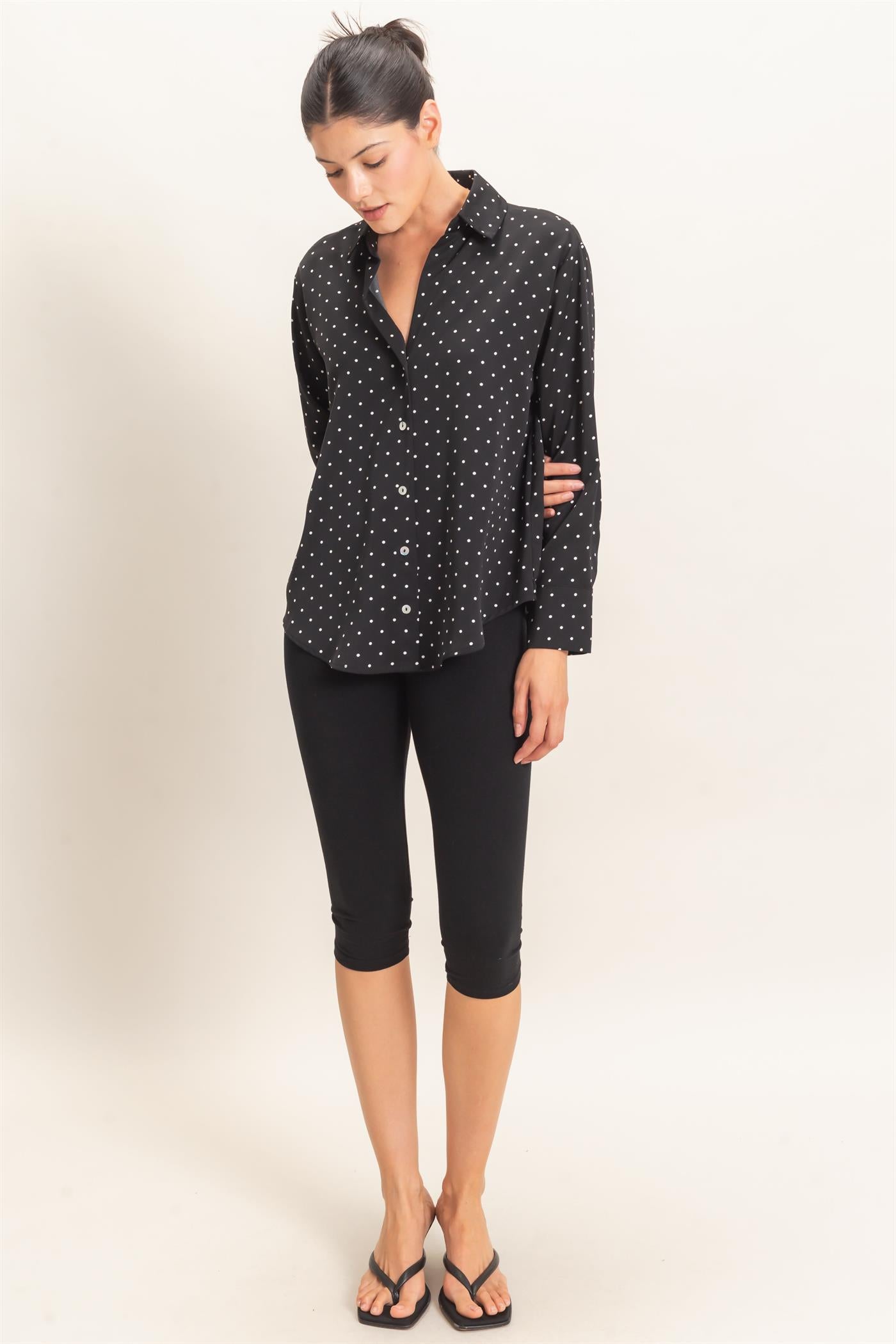Wholesale Button-Up Polka Dot Shirt Shirts HF26F401 BLACK HYFVE