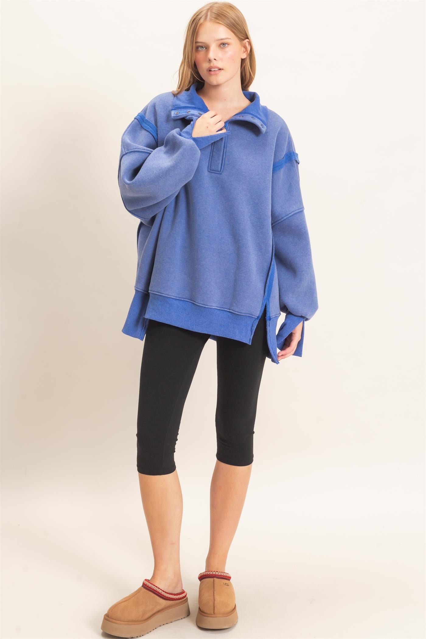 Wholesale Mineral Wash Snap Collar Pullover Clothing Tops HF26F086-D BLUE HYFVE
