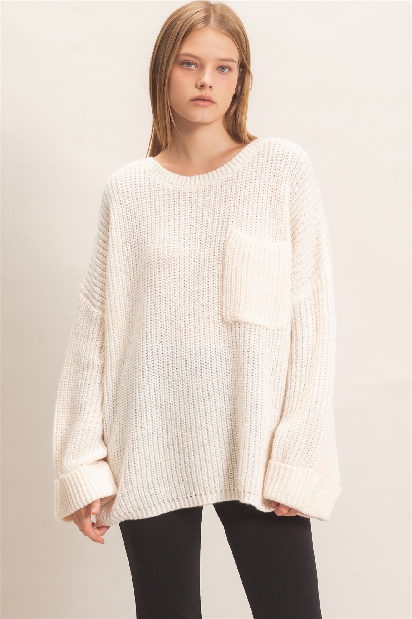 Wholesale Ribbed Knit Patch Pocket Sweater Sweaters HF26F177 OFF WHITE HYFVE