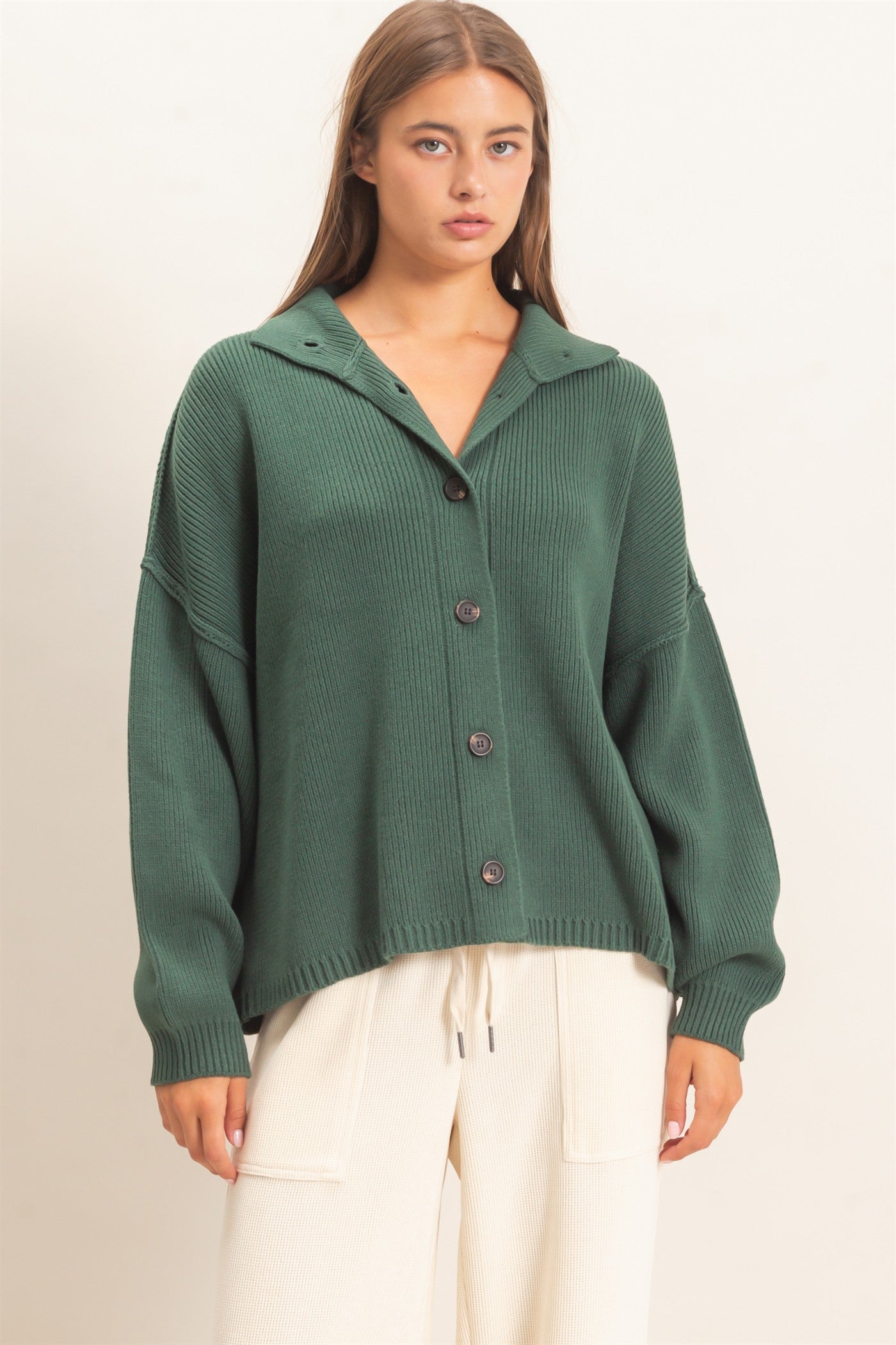 Wholesale High Neck Oversized Cardigan Cardigans DZ26E280 DARK GREEN DOUBLE ZERO