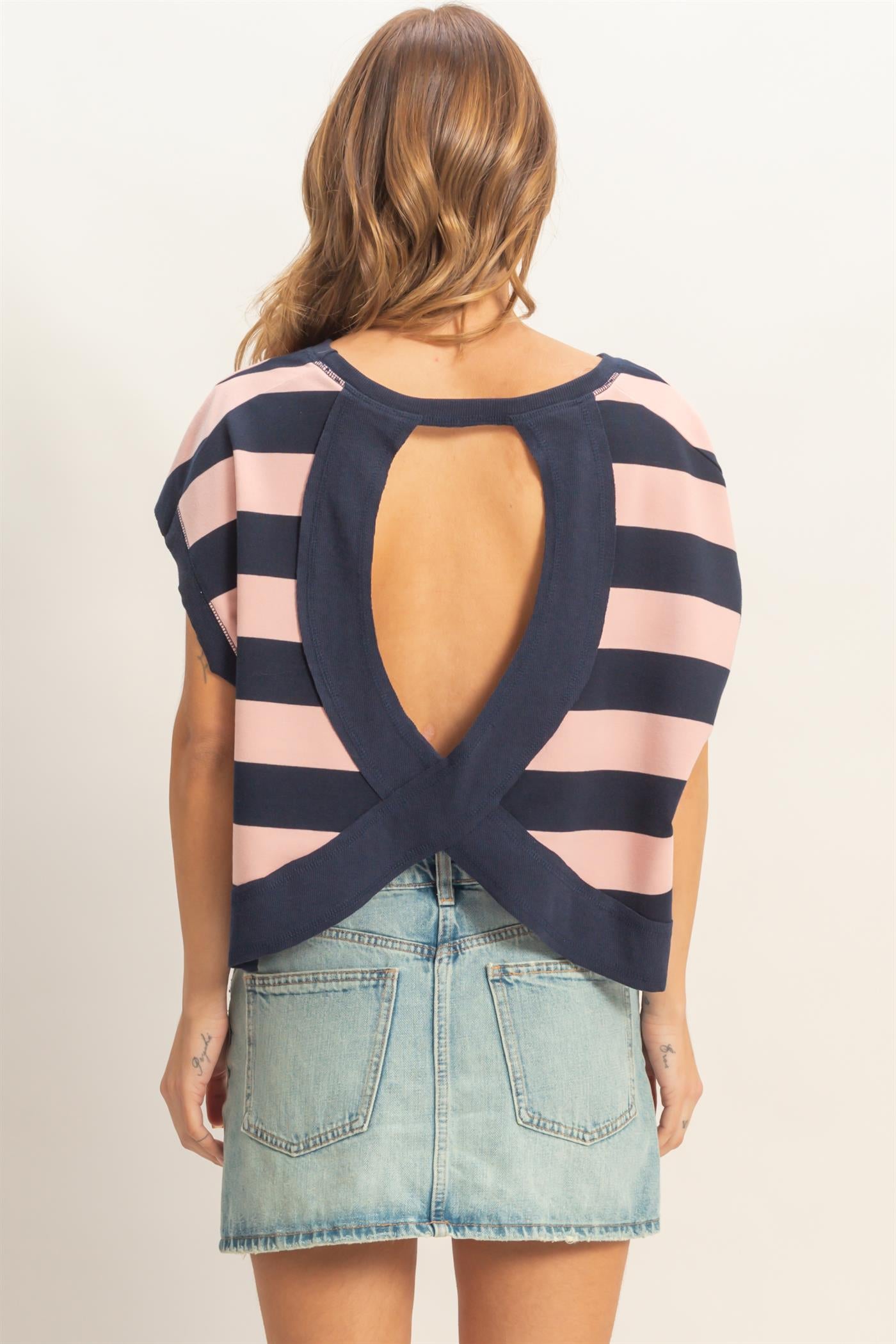 Wholesale Striped Boxy Crew Neck Top Clothing Tops HF26C391 BLUSH HYFVE