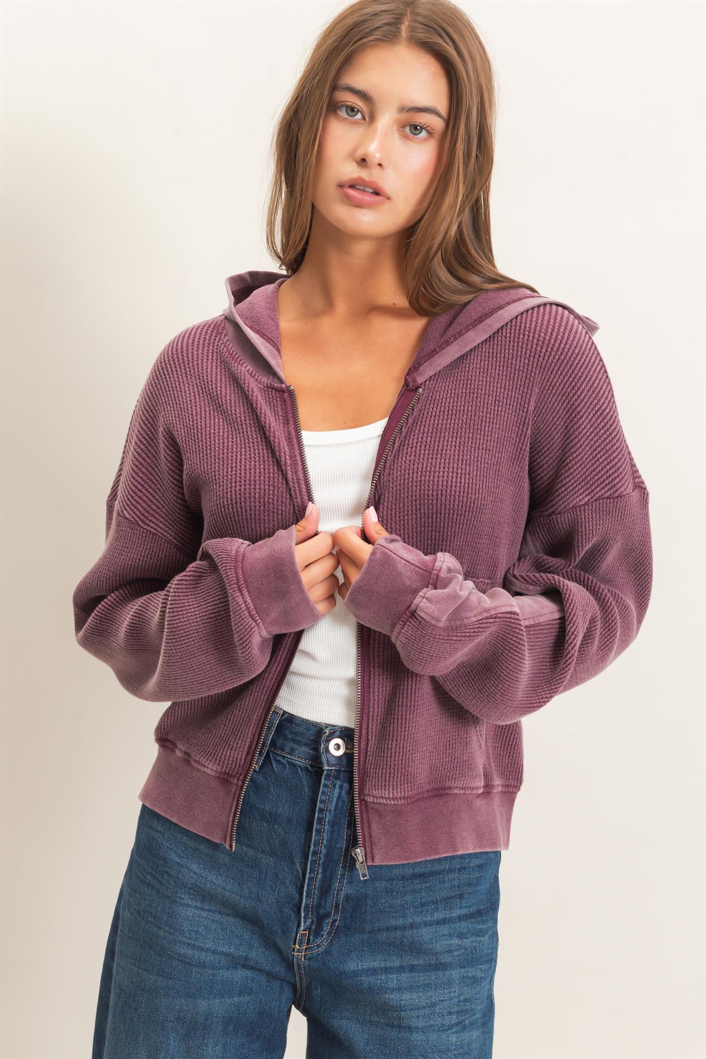 Wholesale Acid Wash Waffle Knit Zip-Up Hoodie Hoodies DZ26E401 DARK CHERRY DOUBLE ZERO