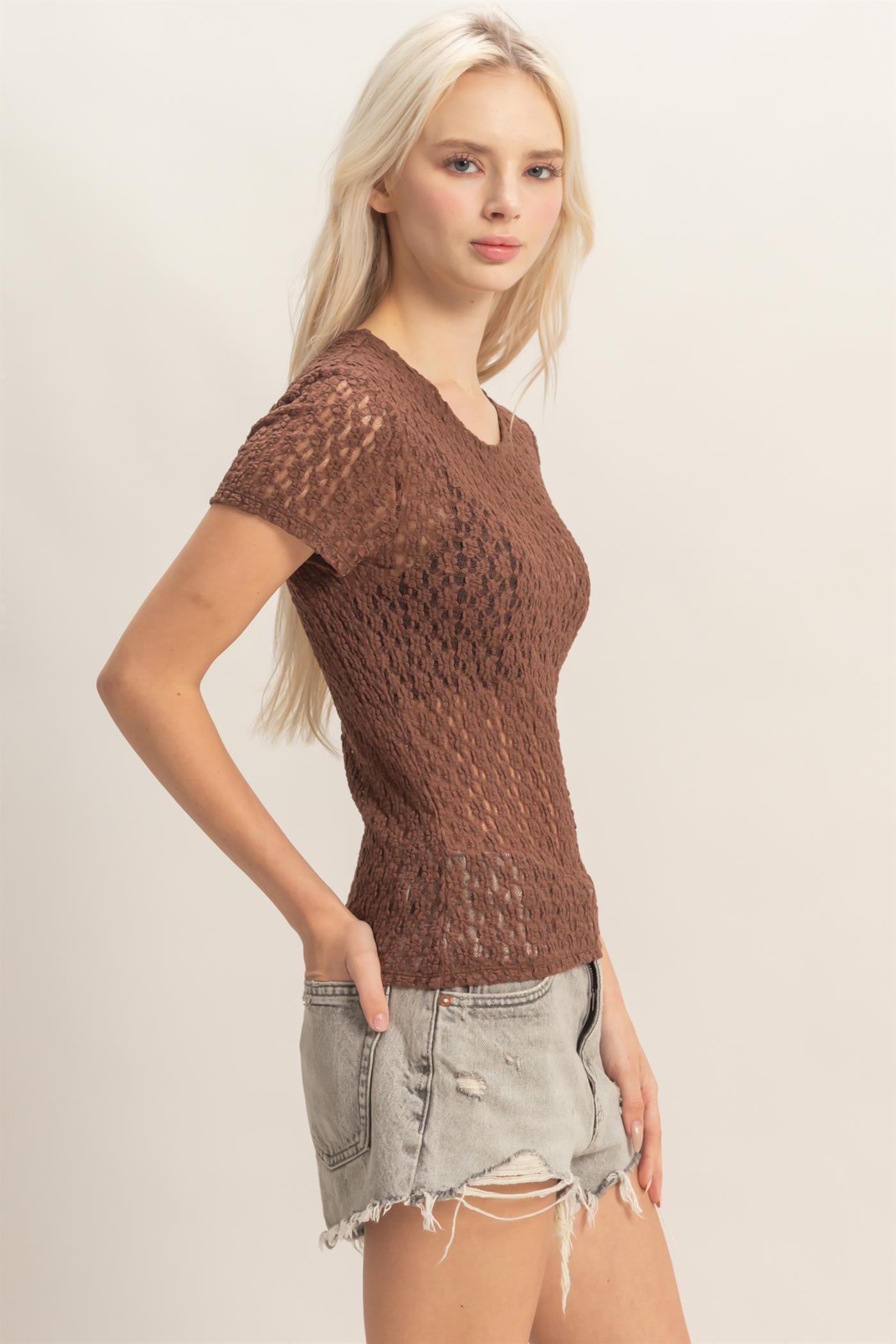 Wholesale Textured Lace Short Sleeve Top Clothing Tops DZ26C394 CHOCOLATE DOUBLE ZERO