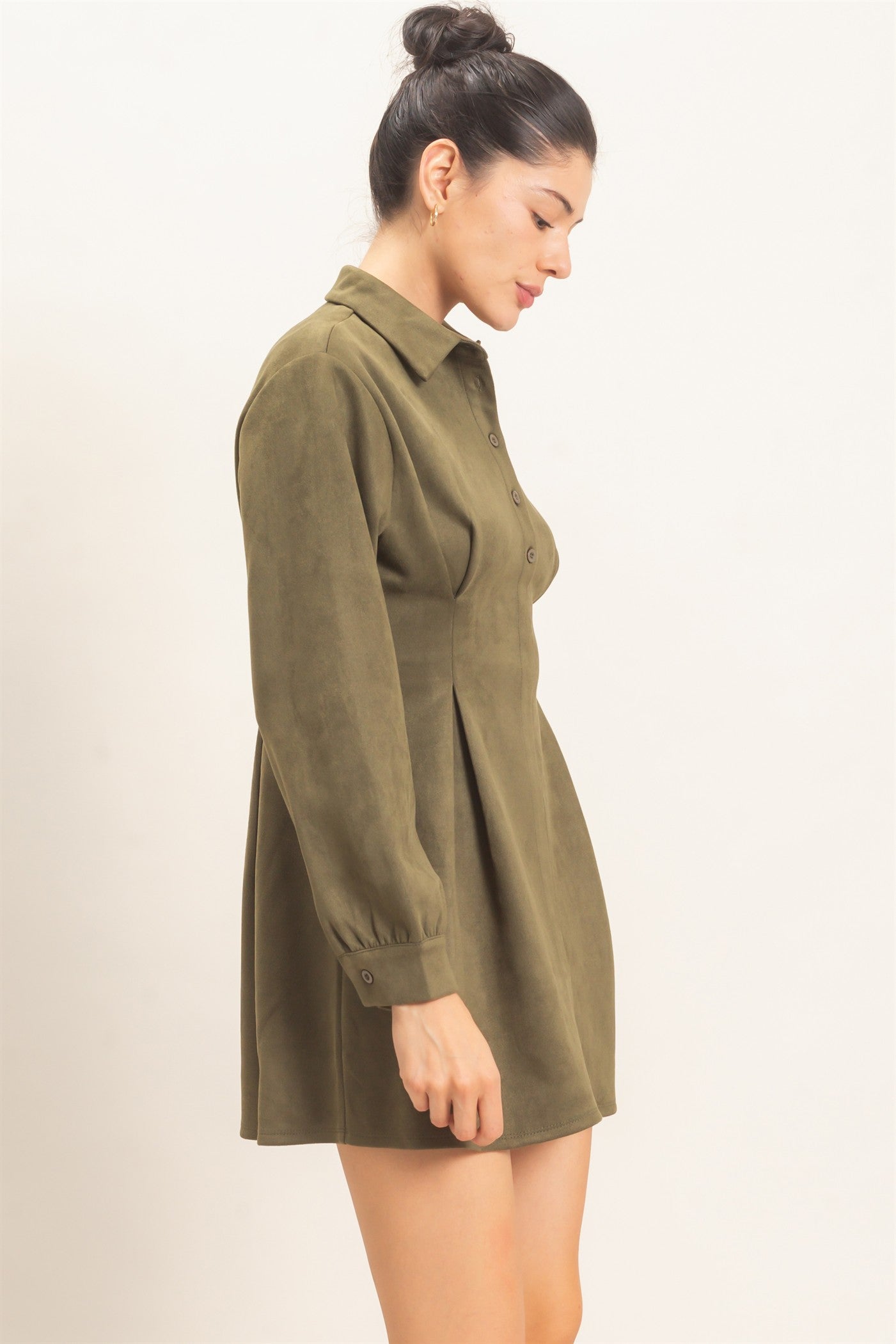 Wholesale Faux Suede Long Sleeve Shirtdress Dresses HF26F063 OLIVE HYFVE