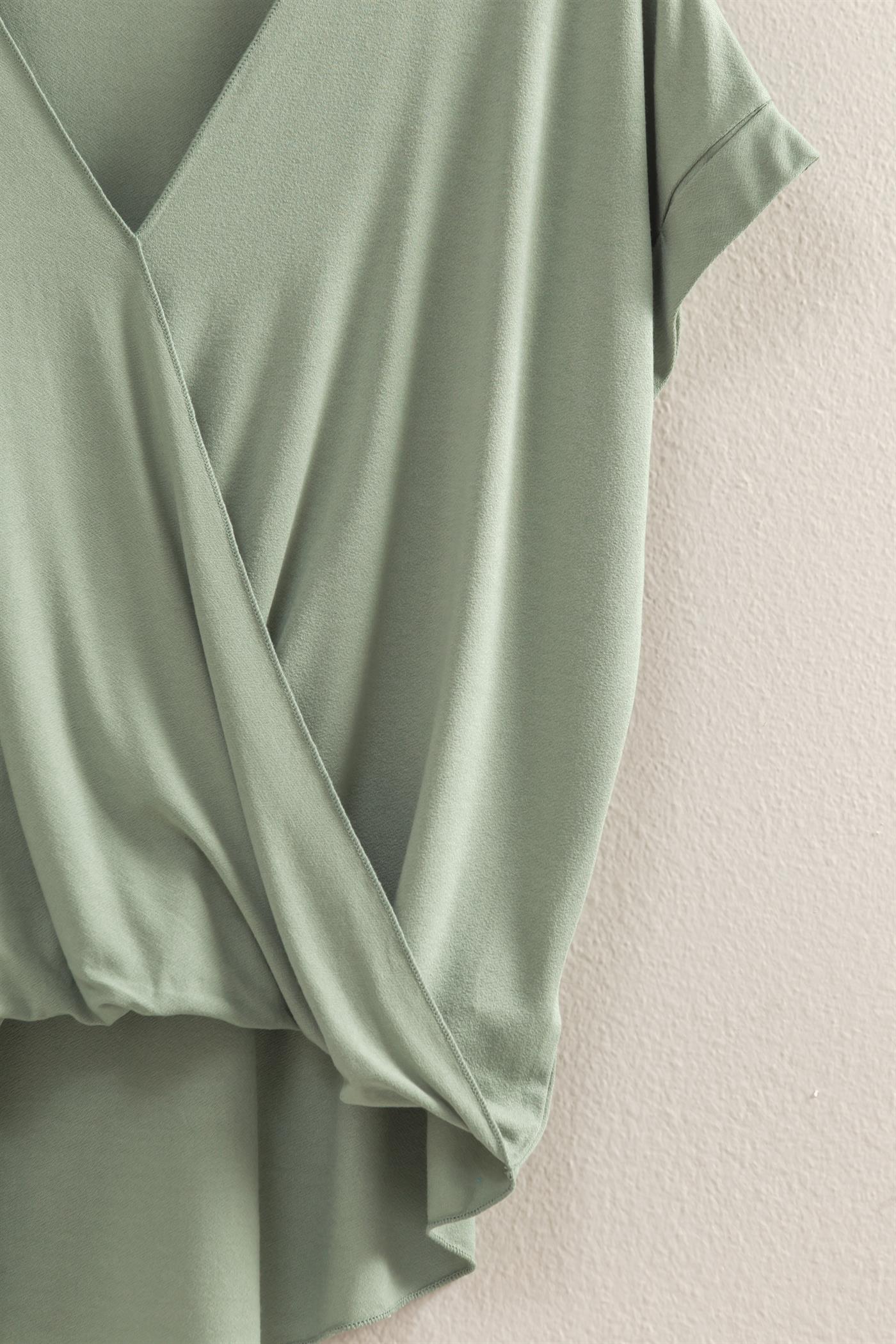 Wholesale Short Sleeve Surplice Top Clothing Tops DZ25E289 SAGE GREEN DOUBLE ZERO