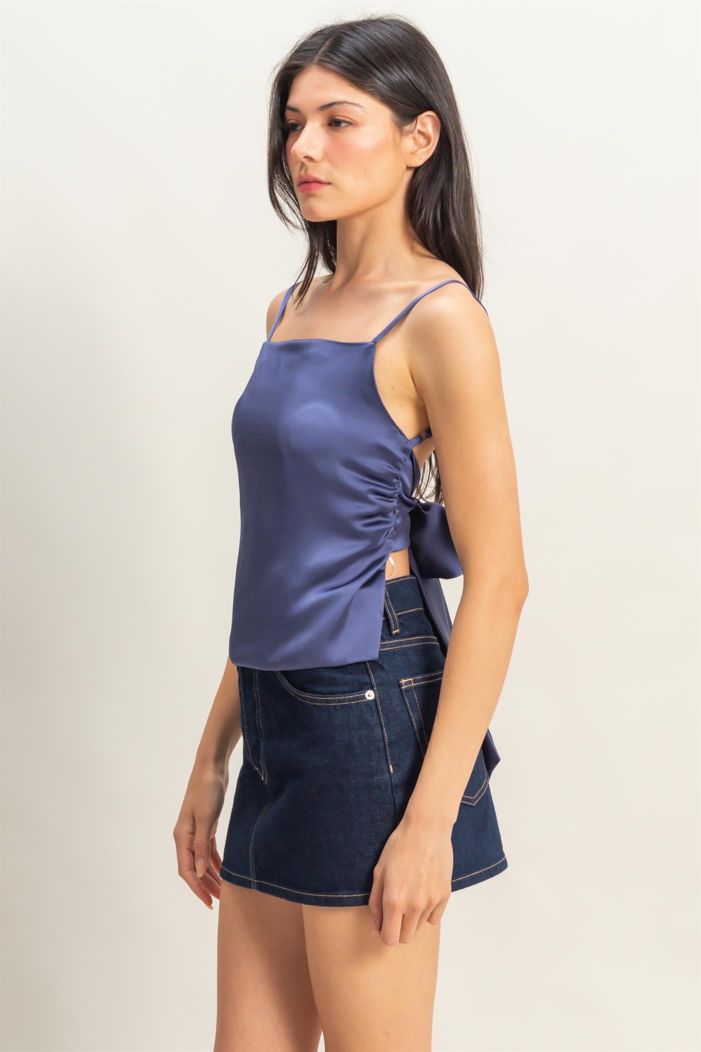 Wholesale Satin Back Tie Detail Sleeveless Top Clothing Tops DZ25C126 DUSTY INDIGO DOUBLE ZERO