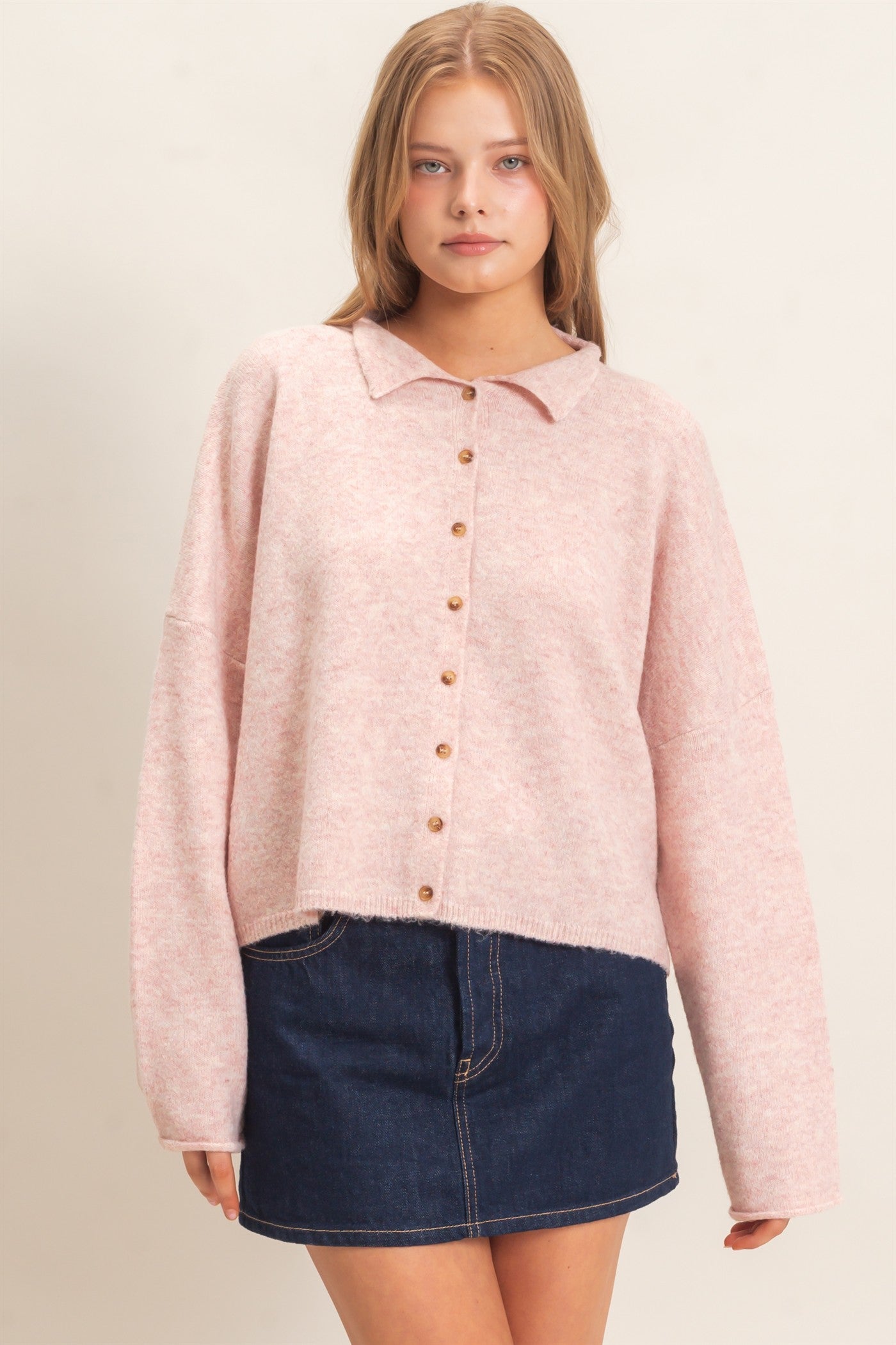 Wholesale Button-Up Collared Sweater Cardigan Cardigans HF26E039 LIGHT PINK HYFVE