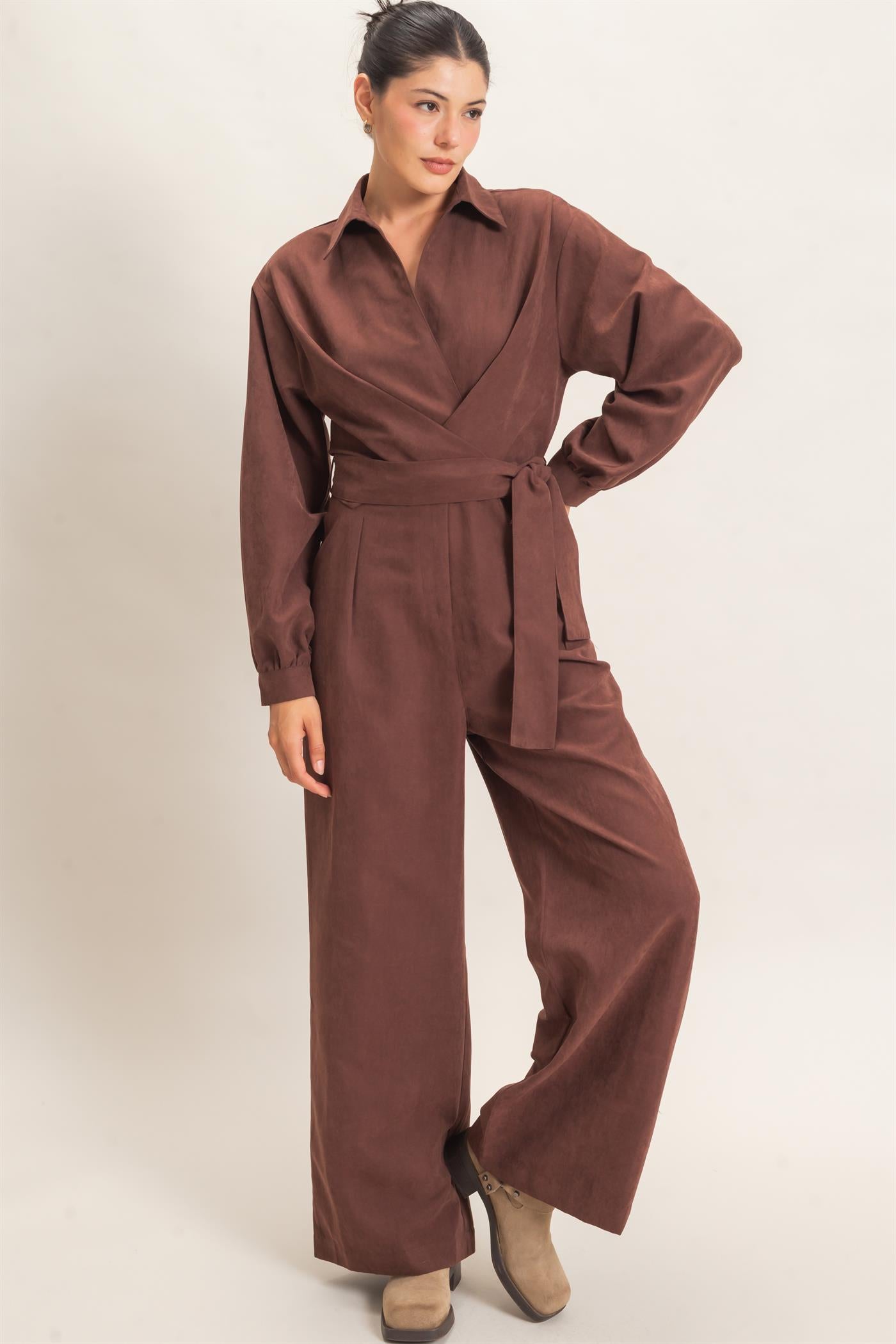 Wholesale Collared Wrap Suede Jumpsuit Clothing HF26C905 BROWN HYFVE