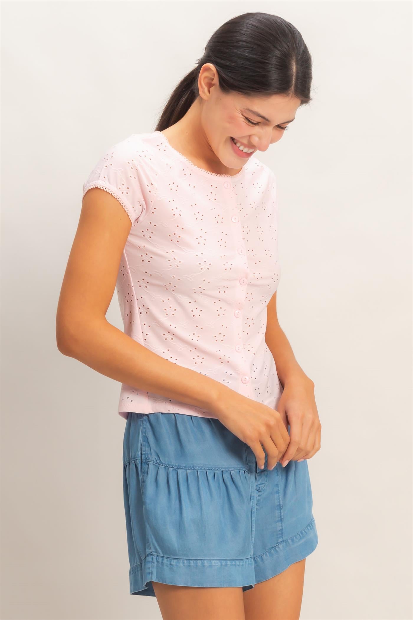 Wholesale Eyelet Button Front Knit Top Clothing Tops HF26C094 PINK HYFVE