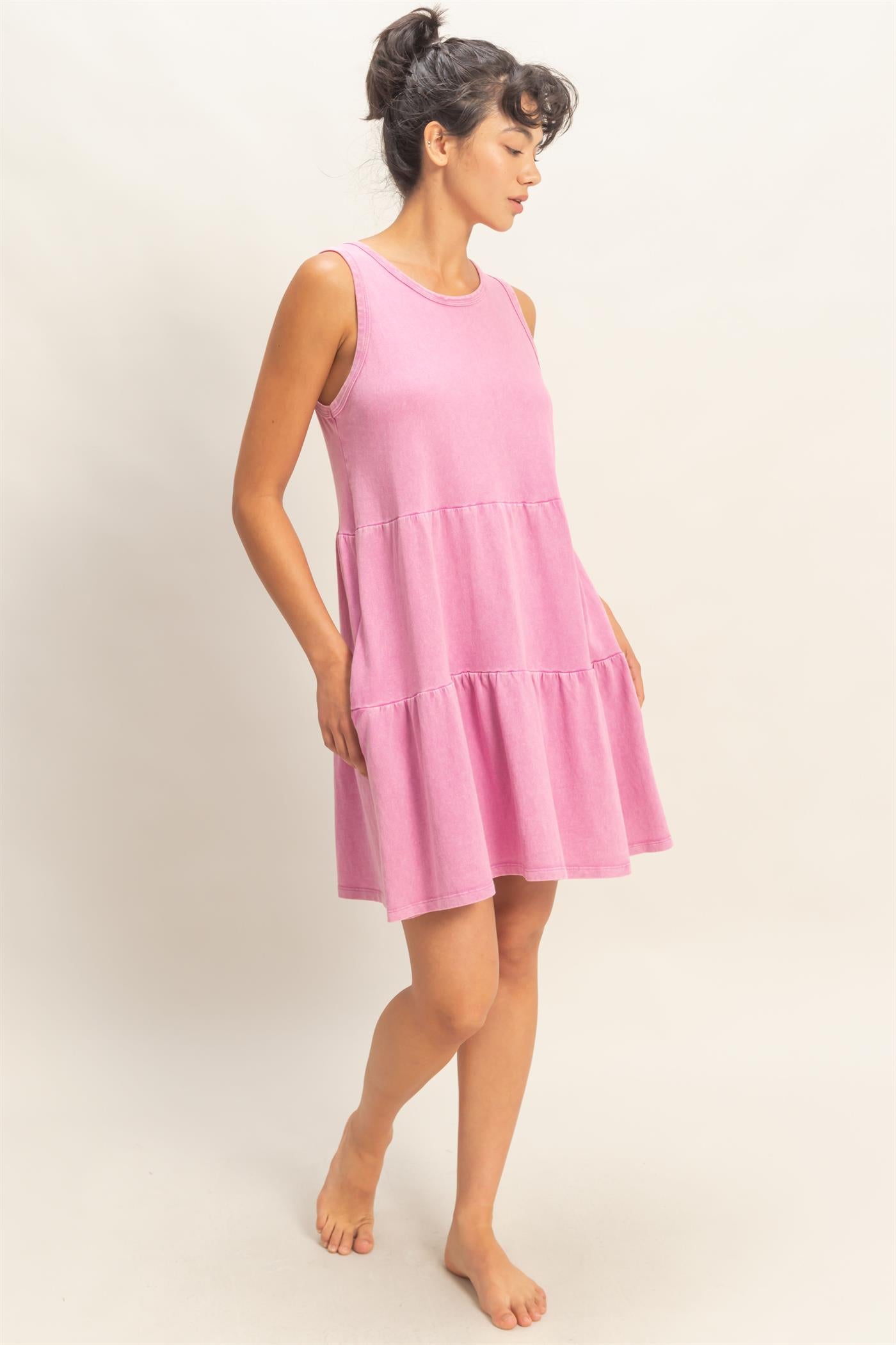 Wholesale Sleeveless Crewneck Tiered Mini Dress Dresses DZ26C208 FUCHSIA DOUBLE ZERO