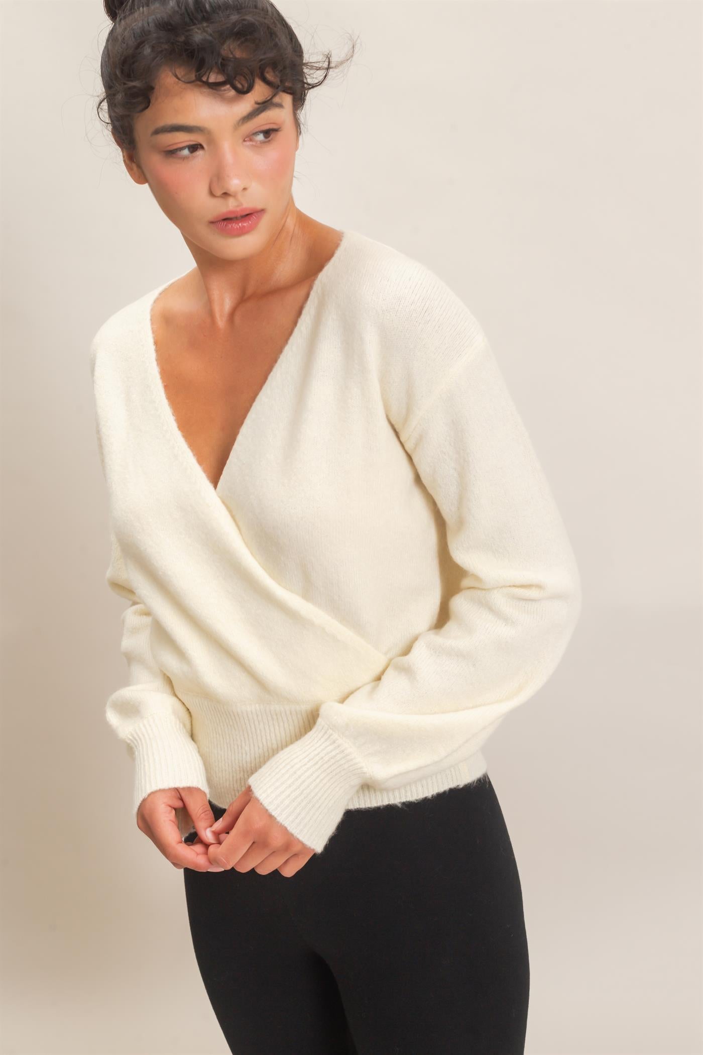 Wholesale Wrap V Neck Sweater Sweaters DZ26E948 CREAM DOUBLE ZERO