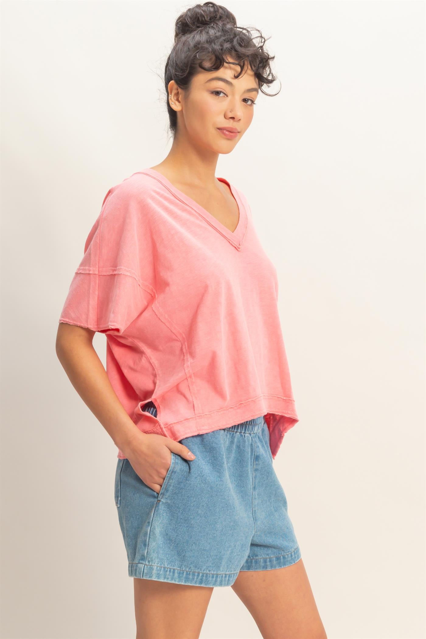 Wholesale Oversized V-Neck Short Sleeve Top Clothing Tops DZ26A032 TAFFY PINK DOUBLE ZERO