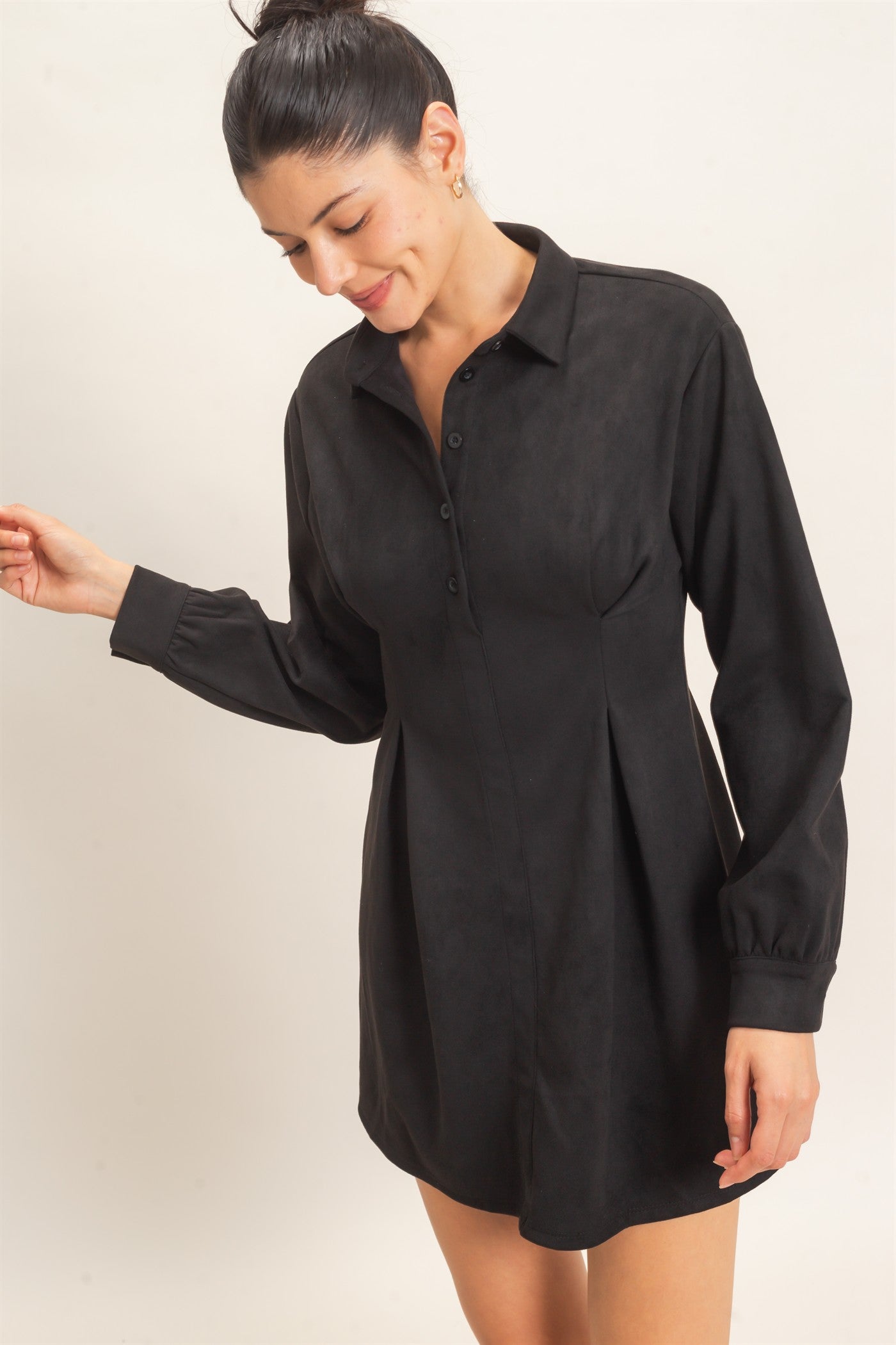 Wholesale Faux Suede Long Sleeve Shirtdress Dresses HF26F063 BLACK HYFVE