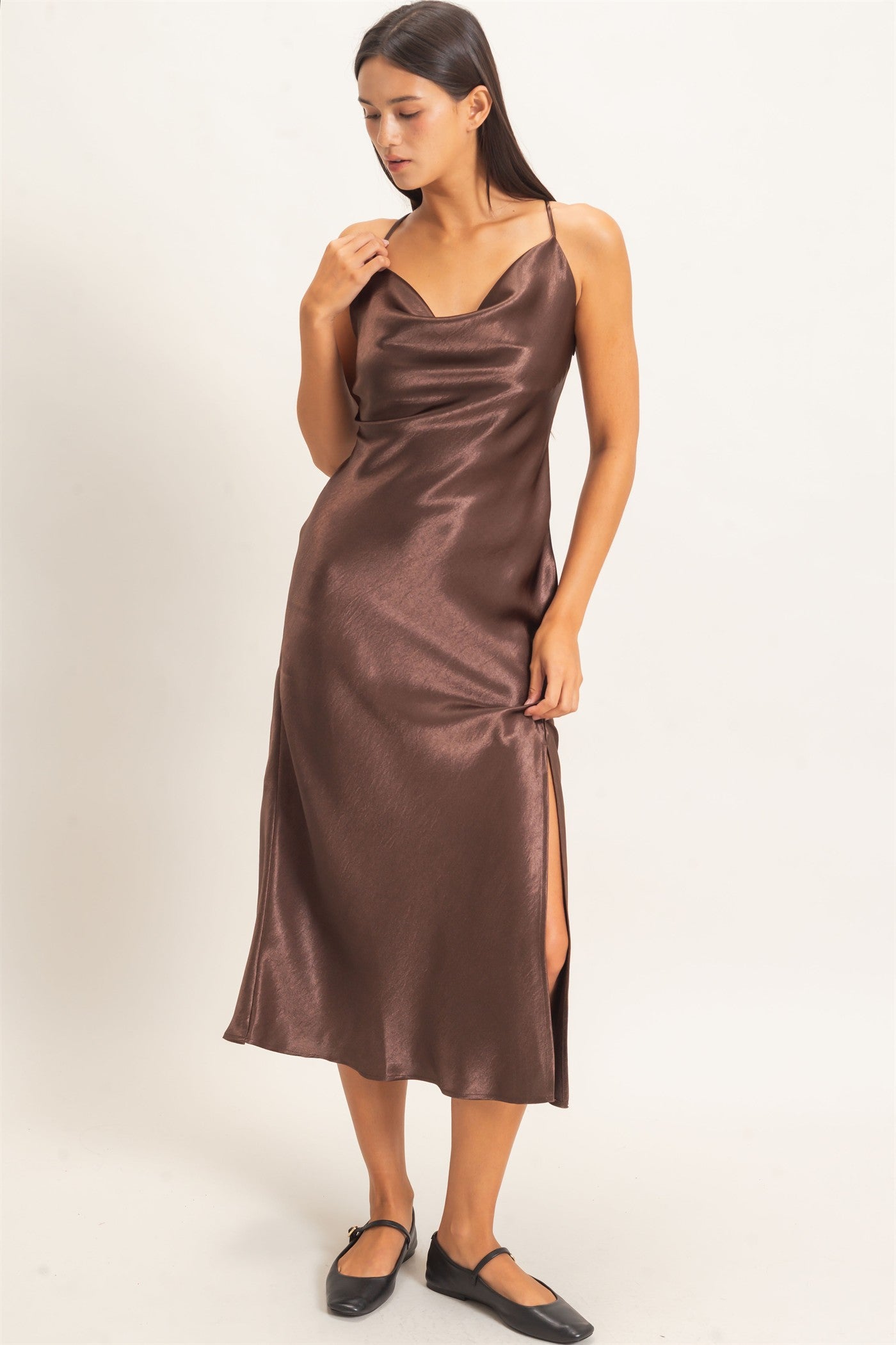 Wholesale Cowl Neck Satin Slip Dress Dresses DZ26E251 DARK BROWN DOUBLE ZERO