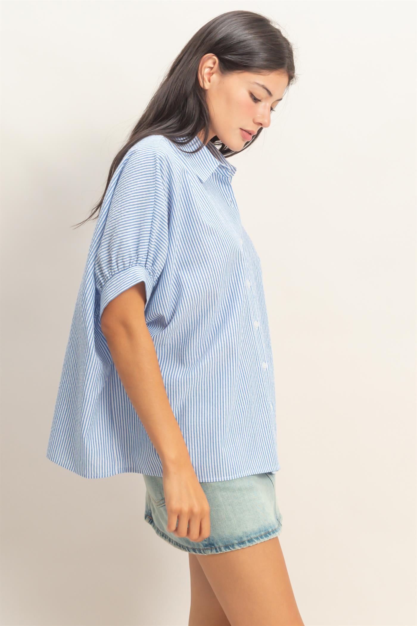 Wholesale Striped Short Sleeve Button-Front Blouse T-Shirts DZ26C276 BLUE DOUBLE ZERO