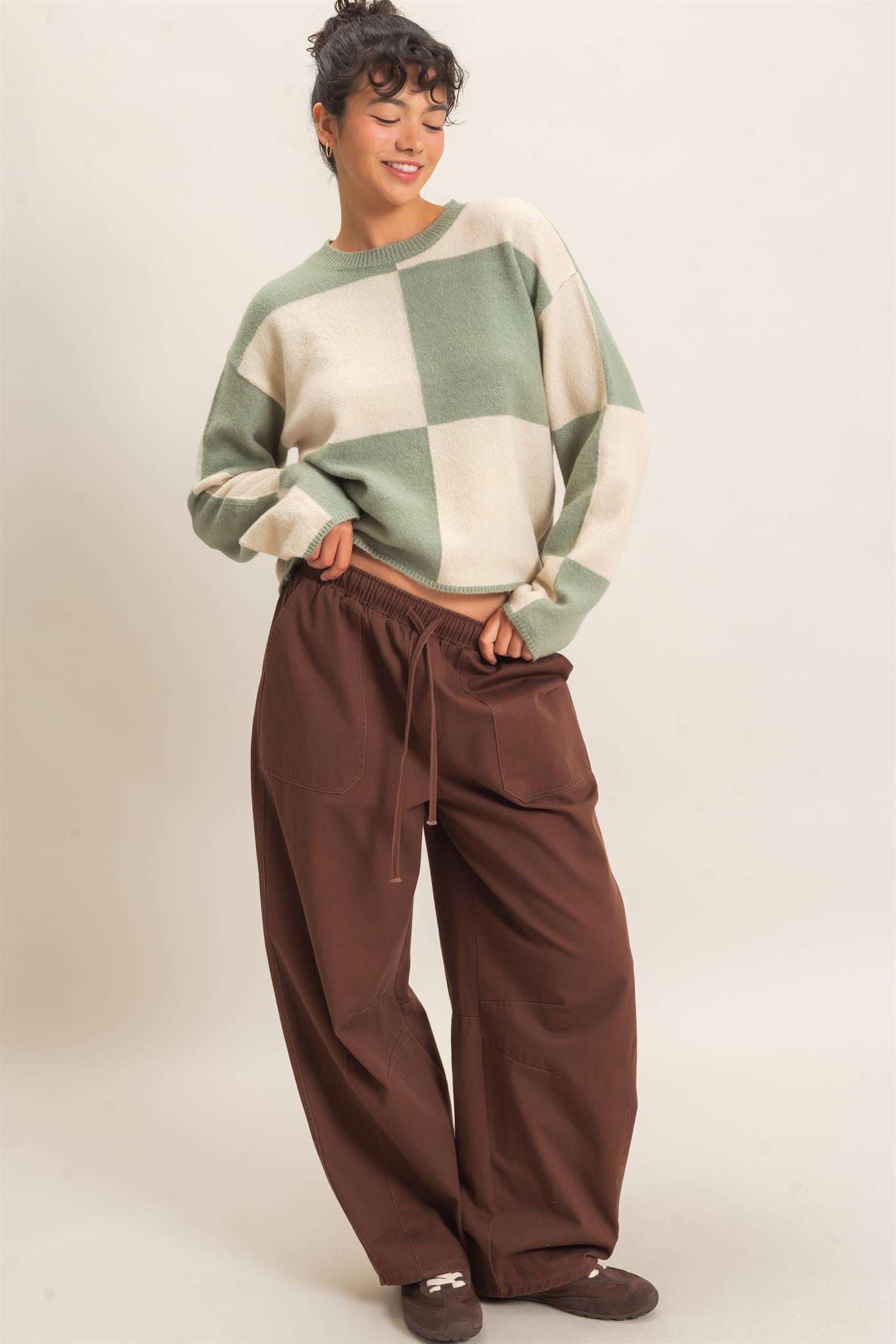 Wholesale Twill Elastic Waist Barrel Pants Pants DZ27A228 DARK BROWN DOUBLE ZERO