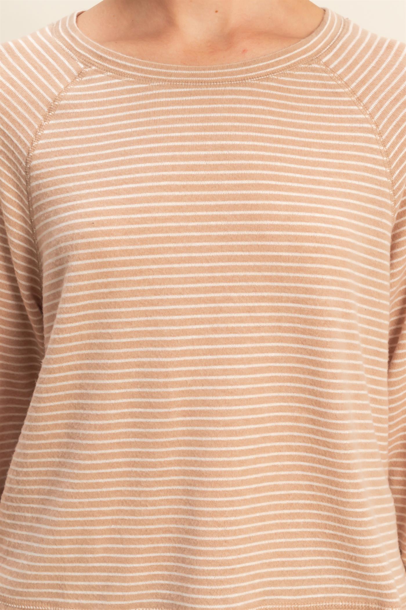 Wholesale Striped Raglan Long Sleeve Top Clothing Tops DZ25E600 DARK TAUPE/CREAM DOUBLE ZERO