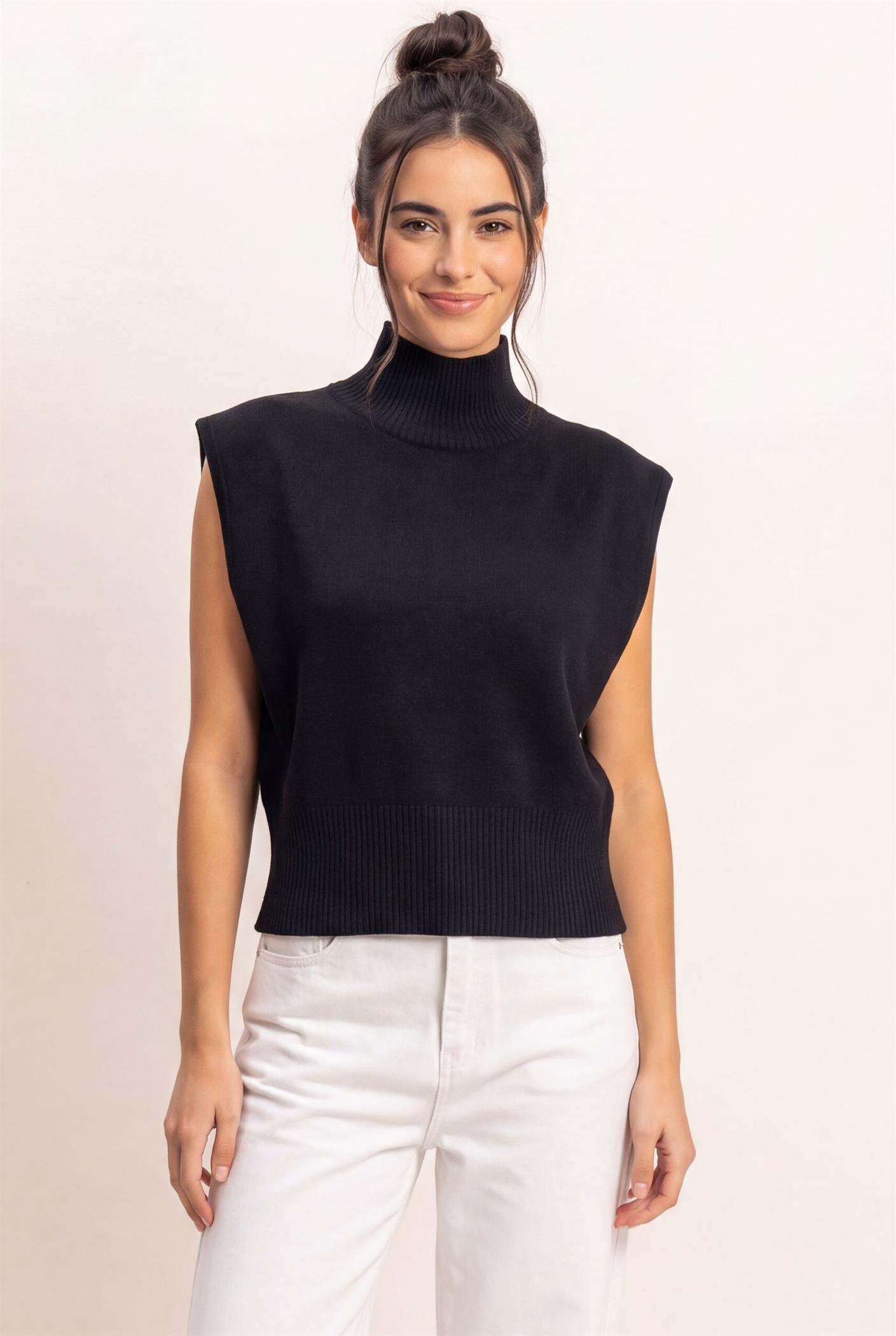 Wholesale Sleeveless High Neck Knit Top Clothing Tops DZ26E946 BLACK DOUBLE ZERO