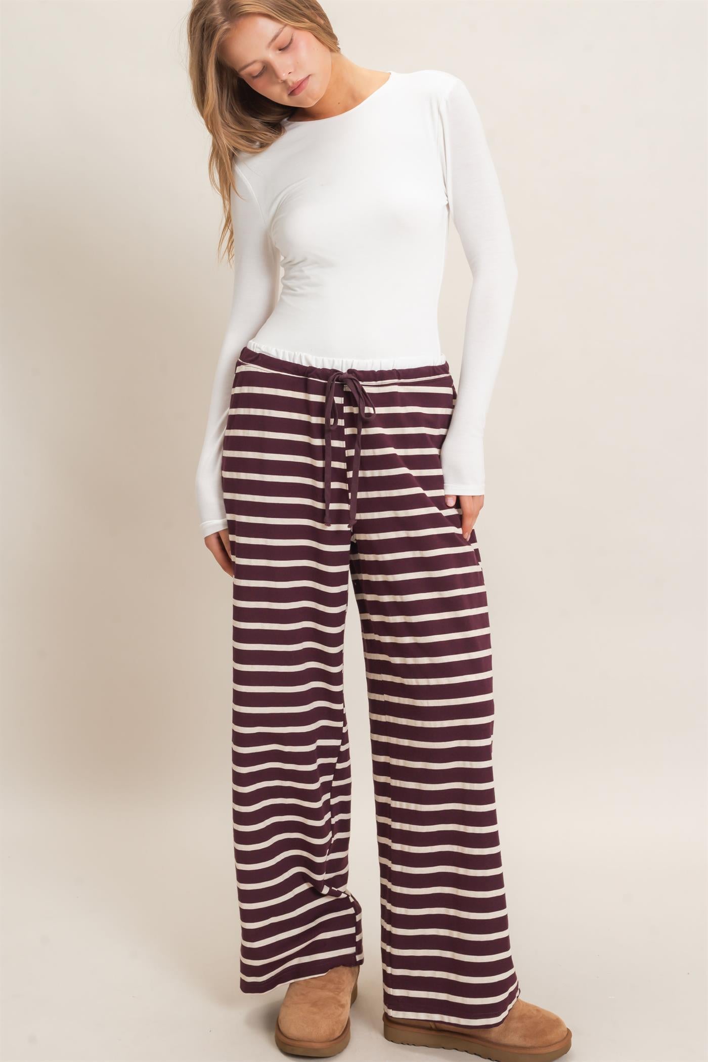 Wholesale Striped Wide-Leg Pants Pants HF26F229-D RASPBERRY/ECRU HYFVE