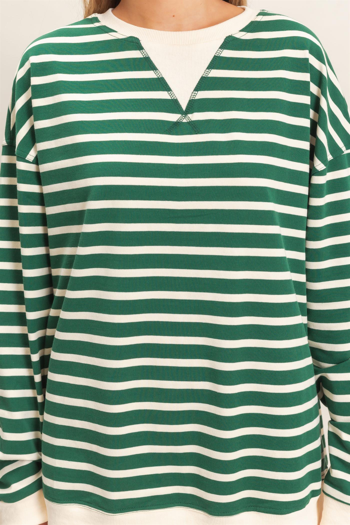 Wholesale Striped Long Sleeve Pullover Sweatshirts HF26F077 GREEN/CREAM HYFVE