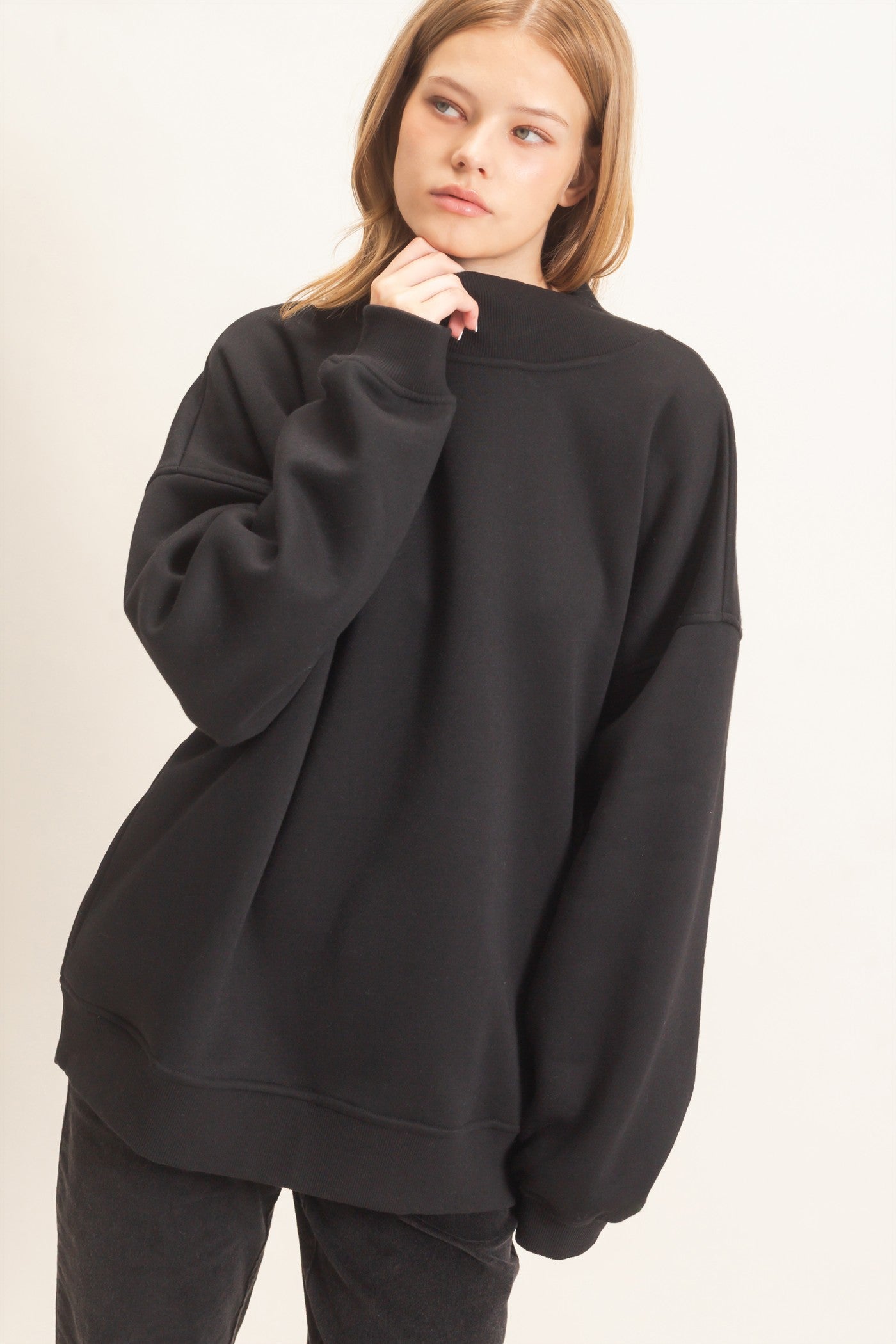 Wholesale Enzyme Washed Mock Neck Sweatshirt Sweatshirts HF26E222 BLACK HYFVE