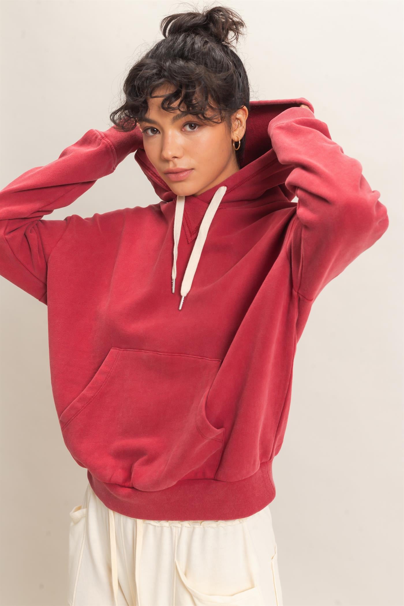 Wholesale Acid Wash Hoodie Clothing Tops DZ26E112 DARK RED DOUBLE ZERO