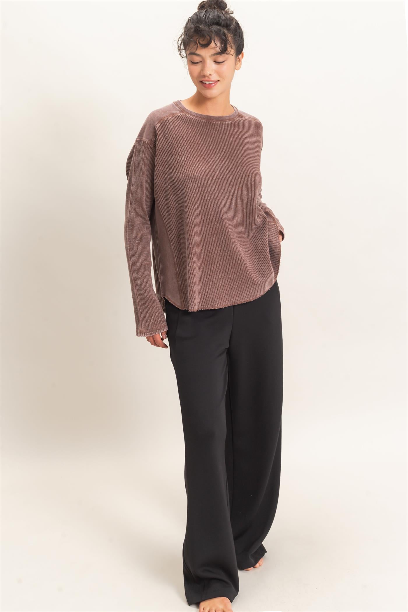 Wholesale Oversized Mineral Washed Waffle Knit Top Clothing Tops DZ26E654 DARK BROWN DOUBLE ZERO