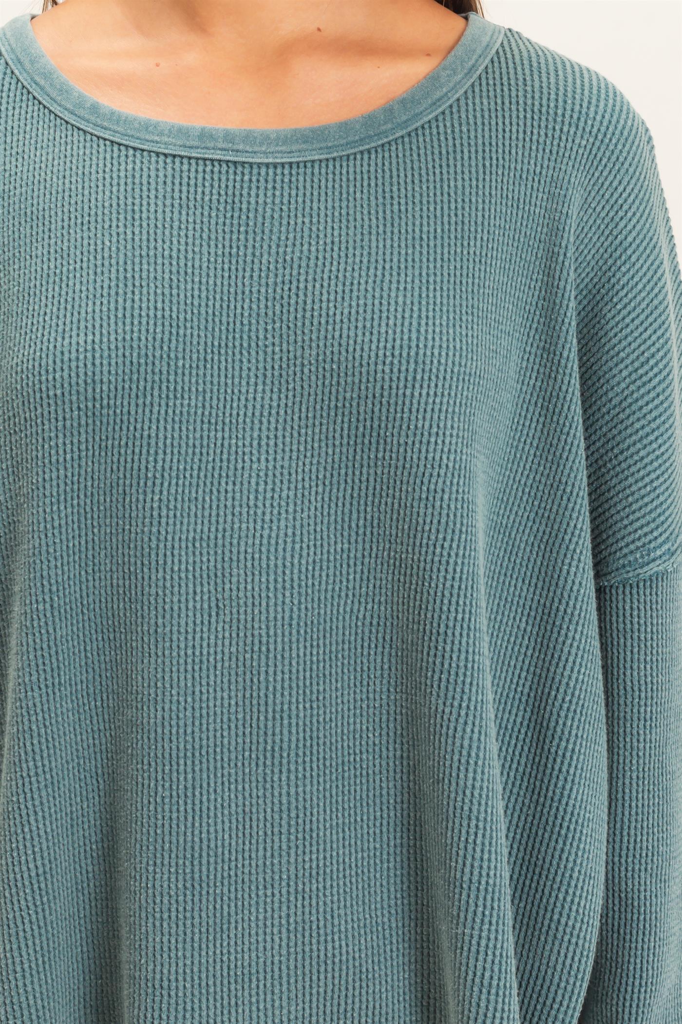 Wholesale Mineral Wash Waffle Oversized Top Clothing Tops DZ26E248 DARK TEAL DOUBLE ZERO
