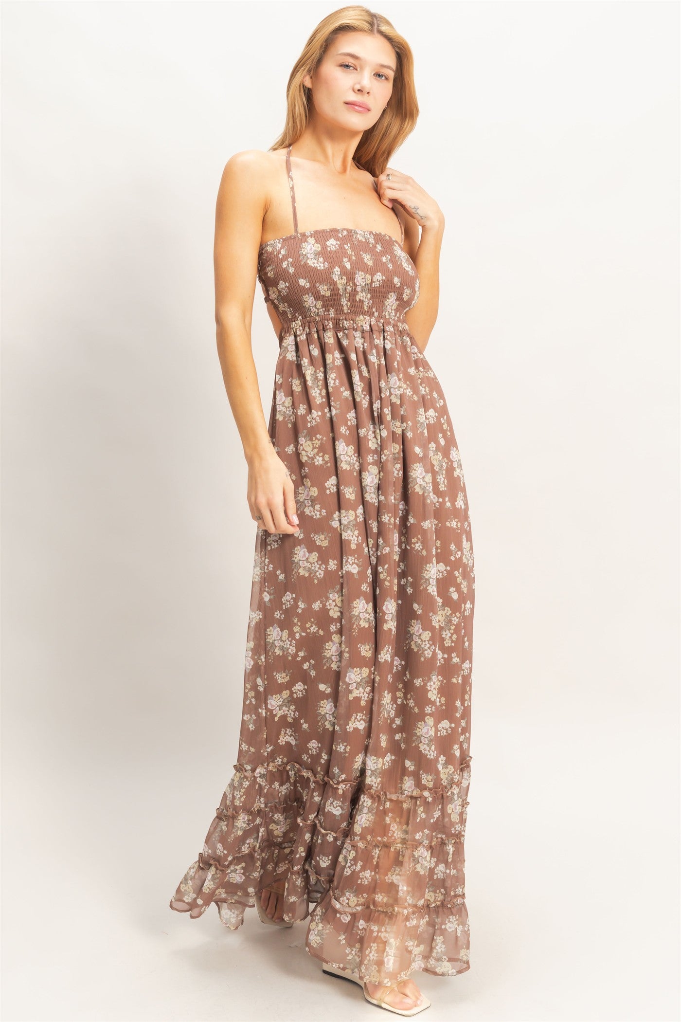 Wholesale Smocked Floral Maxi Dress Dresses HF26E648 BROWN HYFVE