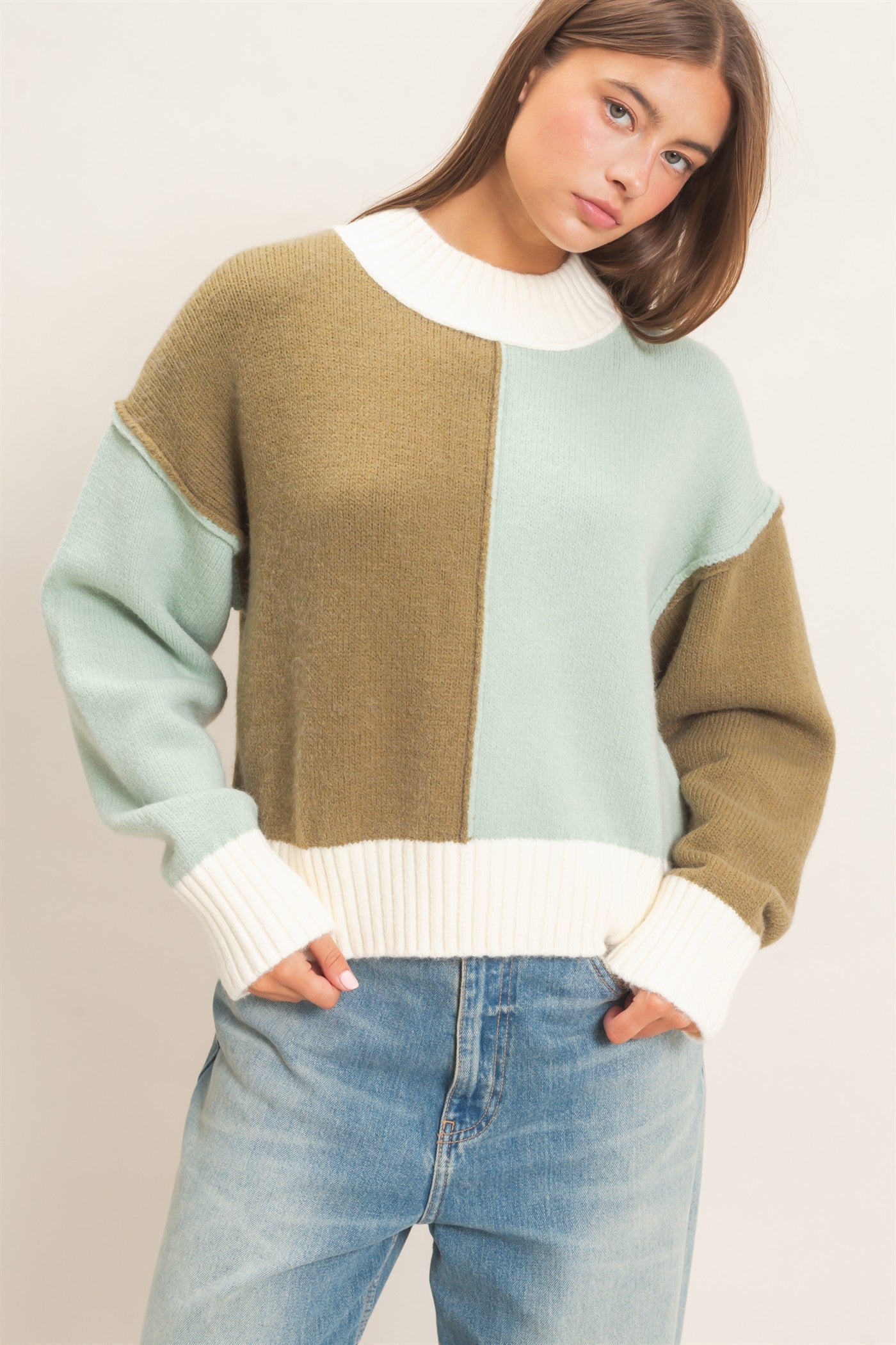 Wholesale Color Block Mock Neck Sweater Sweaters DZ27A211 OLIVE DOUBLE ZERO