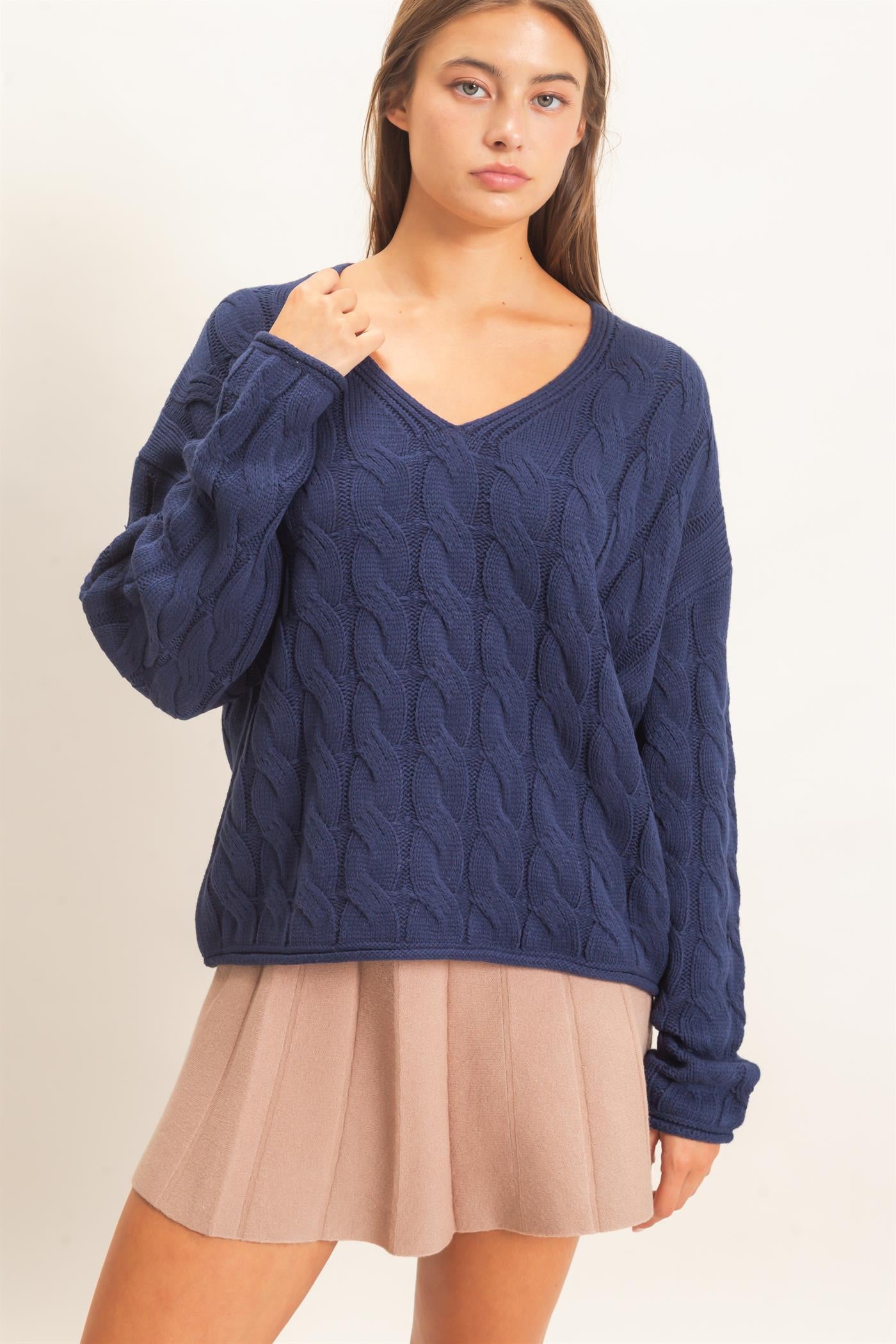 Wholesale Cable Knit V-Neck Sweater Sweaters DZ26E087 NAVY DOUBLE ZERO