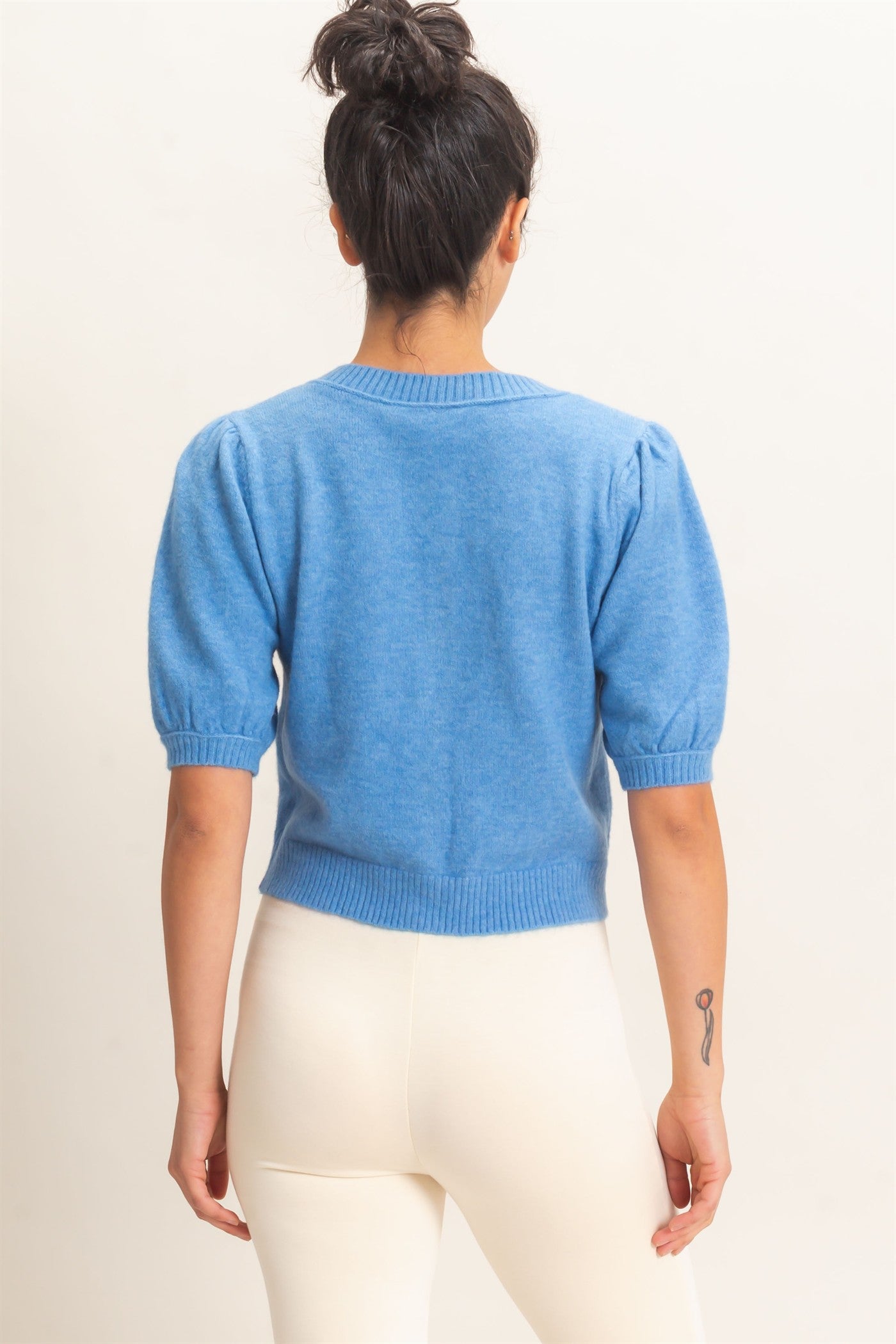 Wholesale Button Front Puff Short Sleeve Cardigan Cardigans DZ26C960 BLUE DOUBLE ZERO