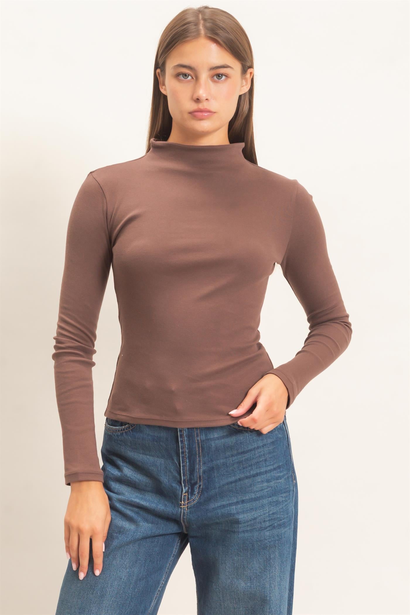 Wholesale Mock Neck Long Sleeve Top Clothing Tops DZ26F281 DARK BROWN DOUBLE ZERO