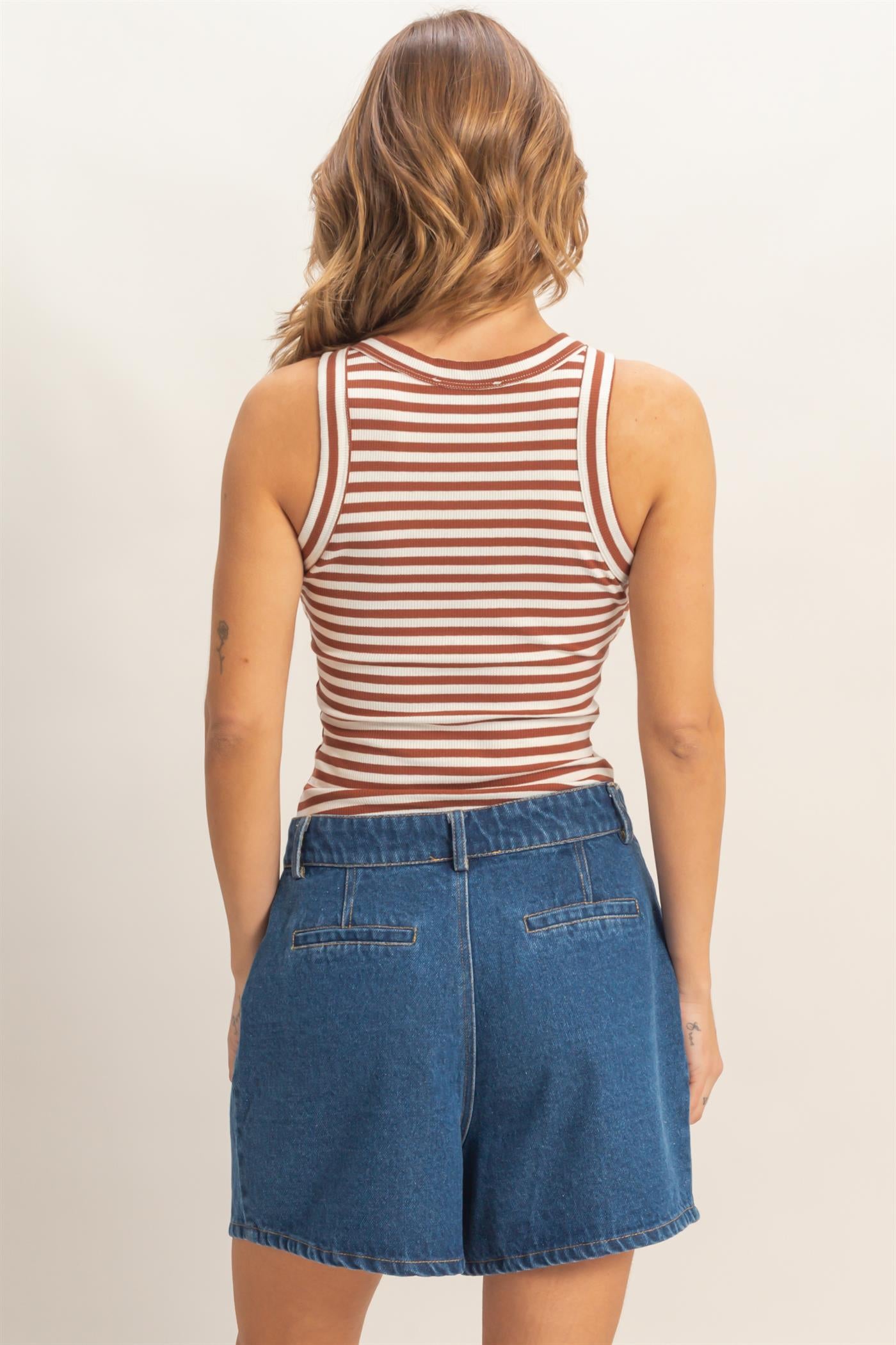 Wholesale Striped Ribbed Racerback Tank Tank Tops HF26C294-D BRICK HYFVE