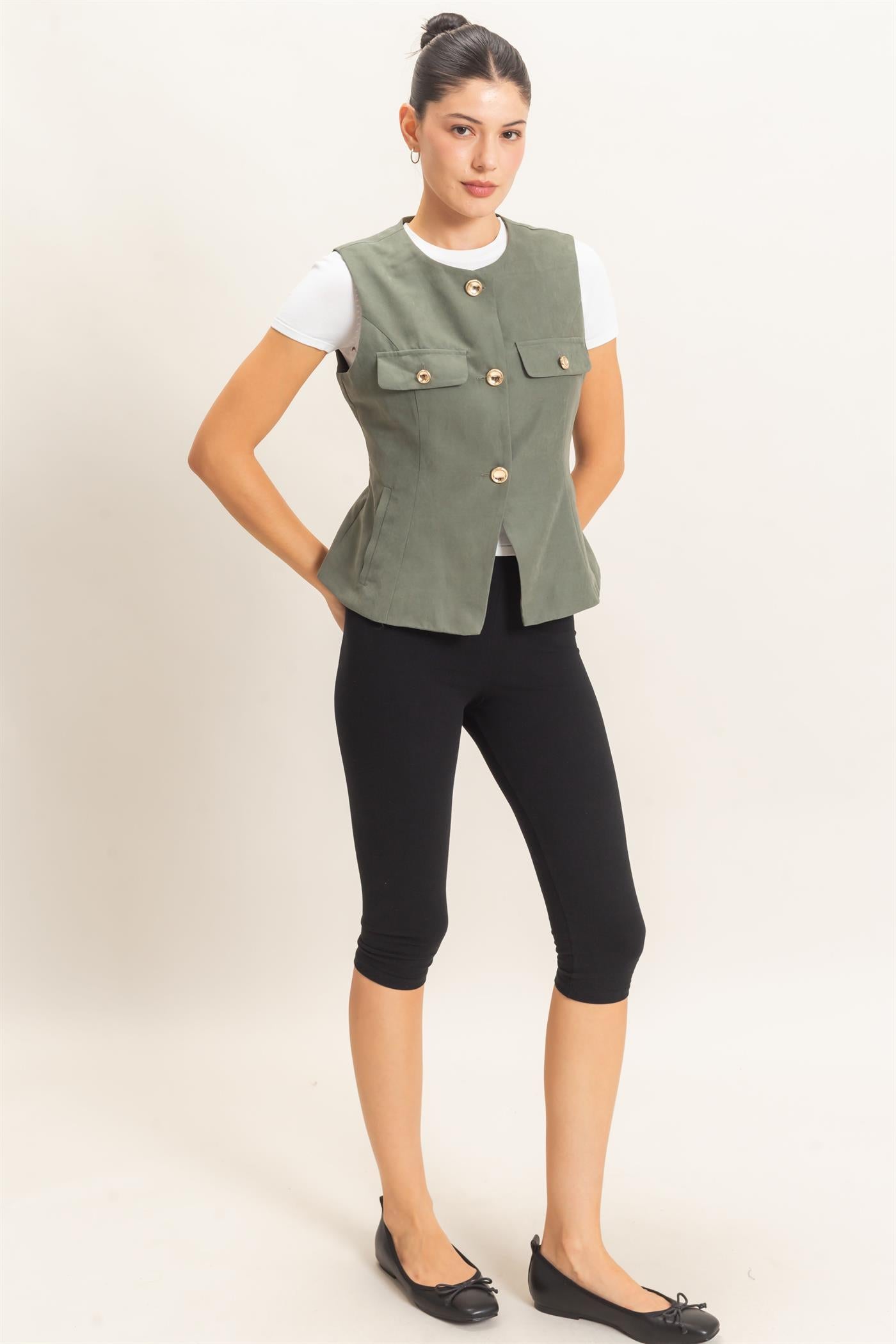 Wholesale Buttoned Sleeveless Utility Vest Vests HF26E929 FOREST GREEN HYFVE