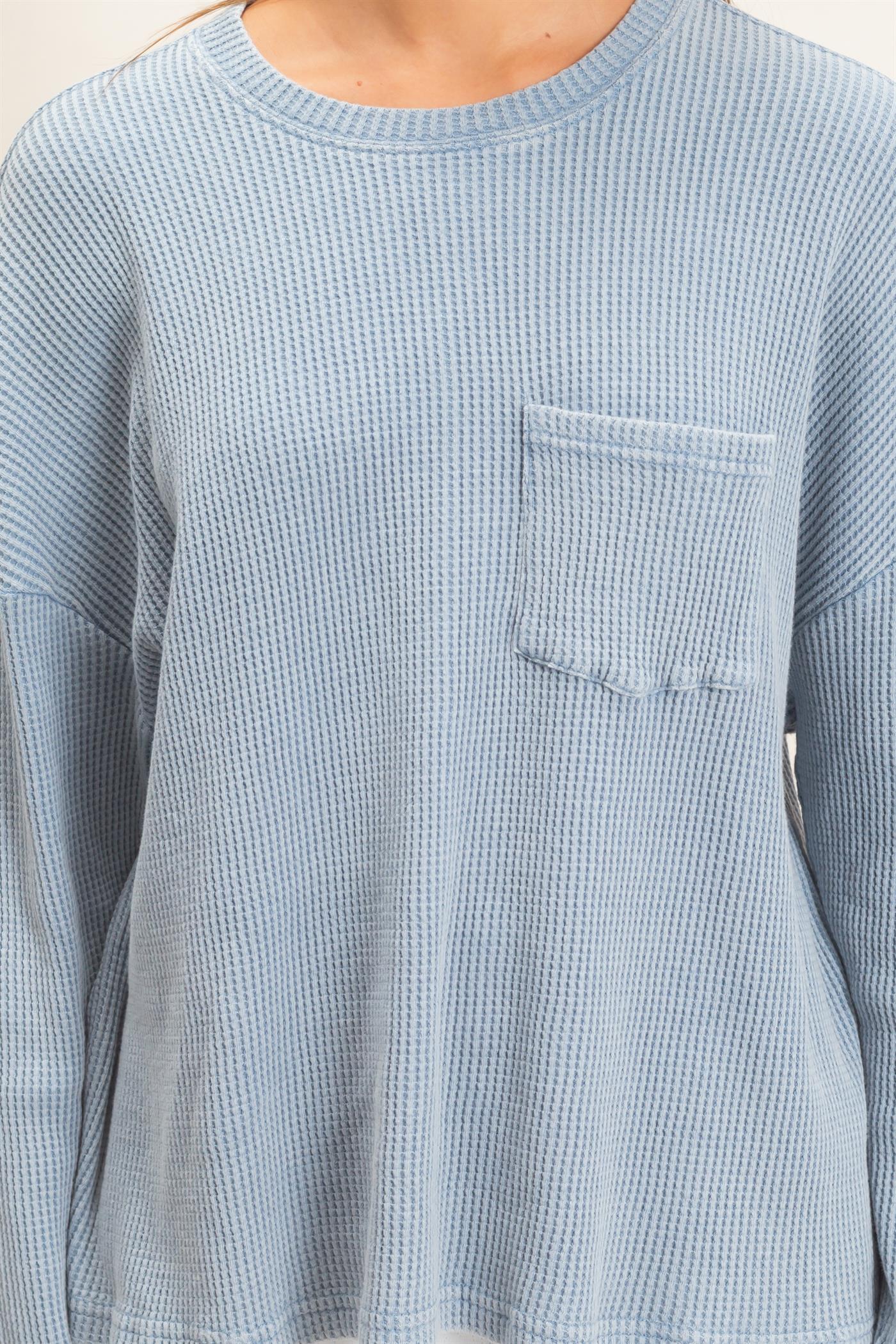 Wholesale Mineral Wash Waffle Long Sleeve Top Clothing Tops DZ26F242 DUSTY BLUE DOUBLE ZERO
