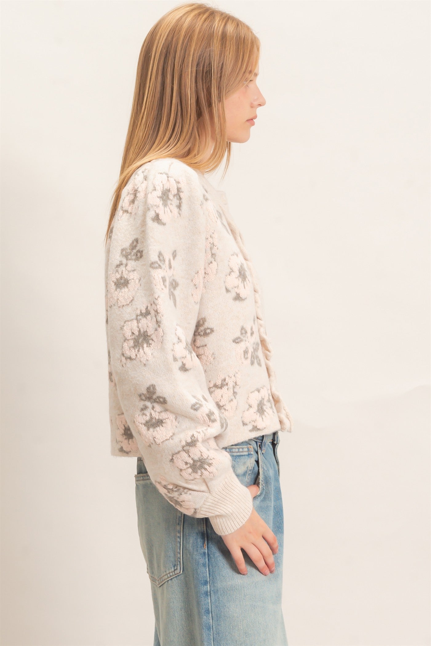 Wholesale Floral Jacquard Ruffle Placket Cardigan Cardigans HF26F148 BEIGE HYFVE
