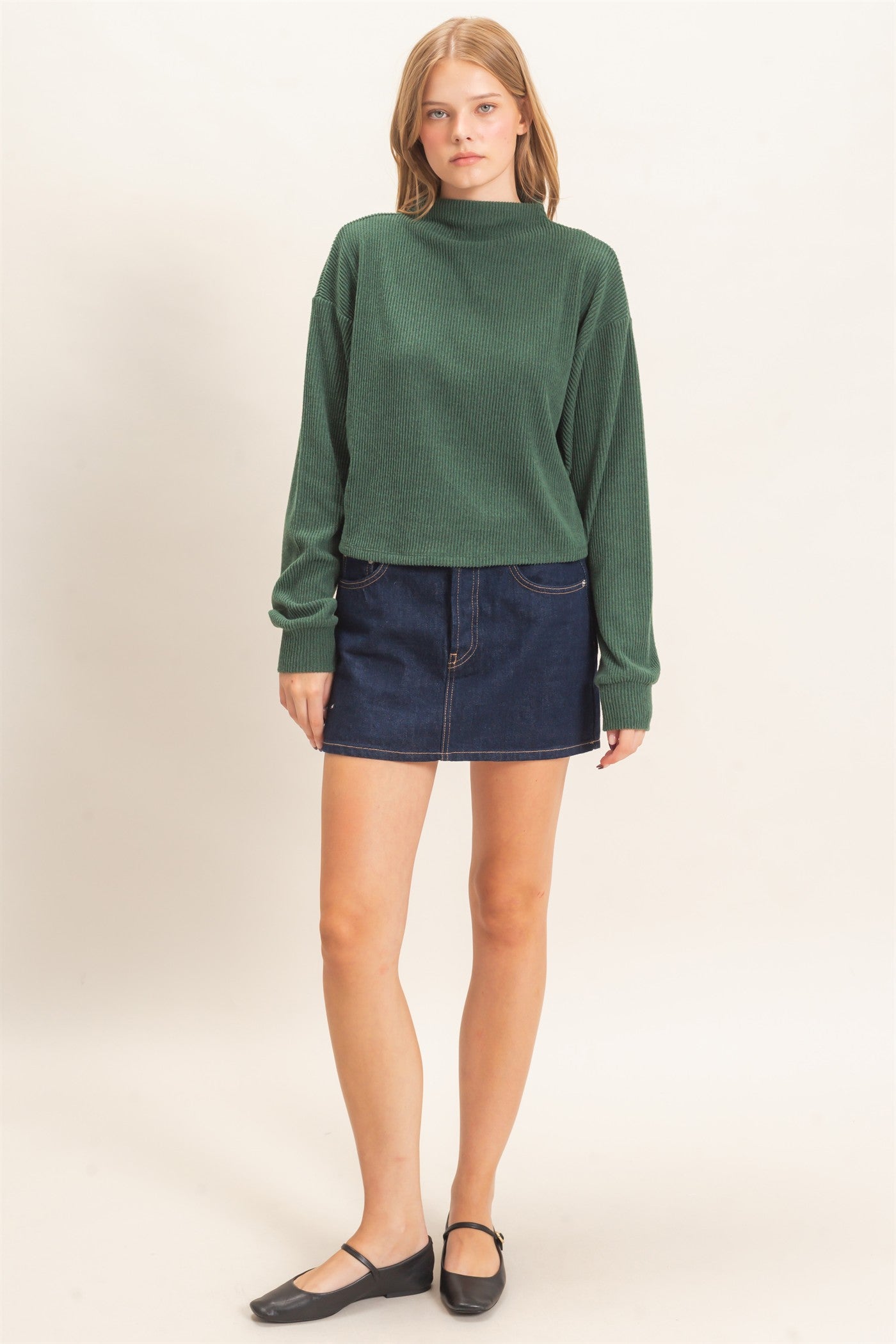 Wholesale Ribbed Mock Neck Top Clothing Tops HF26F030 GREEN HYFVE