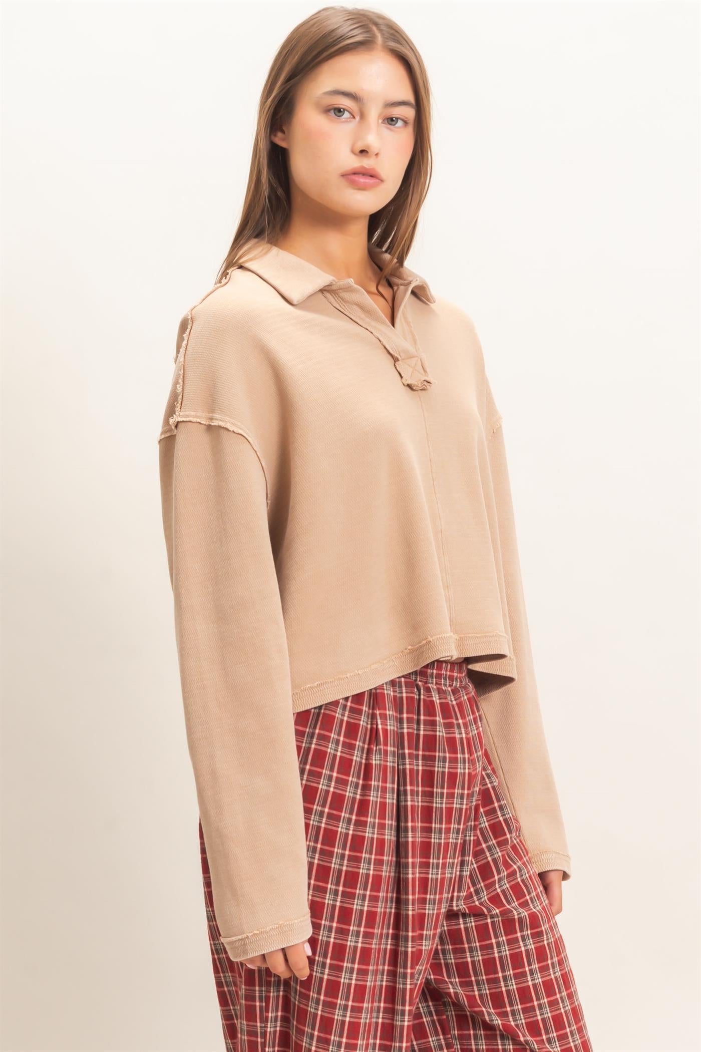 Wholesale Mineral Wash Textured Collar Top Polos DZ26E814 DARK TAUPE DOUBLE ZERO