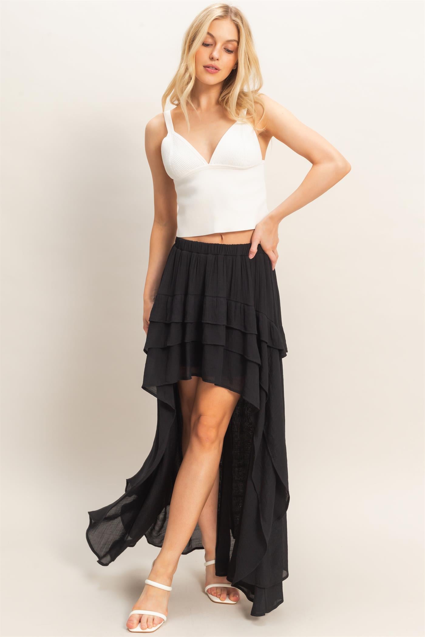 Wholesale Tiered Ruffle High-Low Skirt Skirts HF26C194 BLACK HYFVE