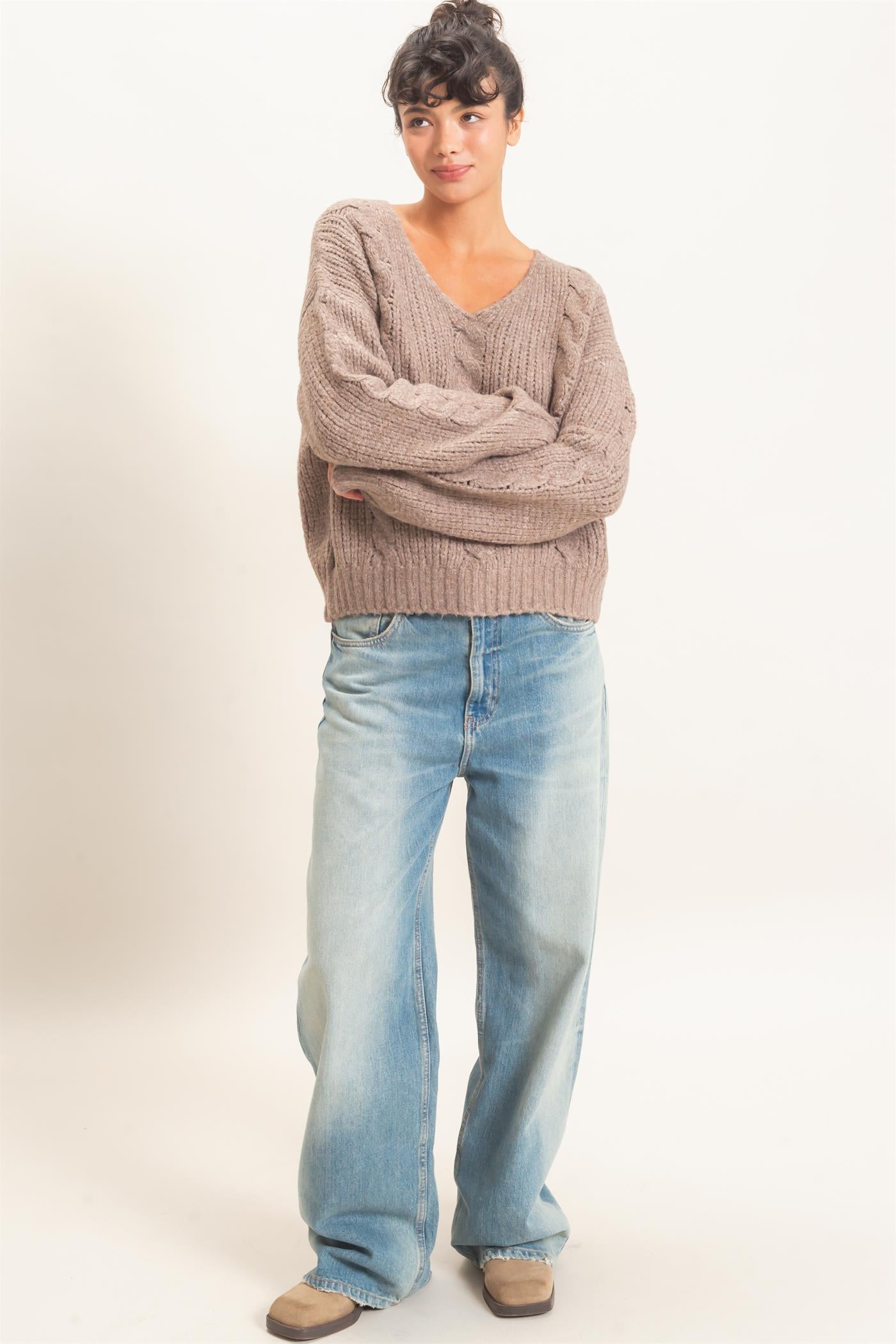 Wholesale Cable Knit V-Neck Sweater Sweaters DZ26E107 DUSTY BROWN DOUBLE ZERO