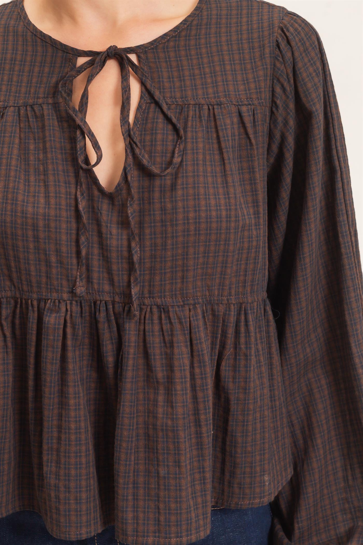 Wholesale Checkered Tie Neck Top Clothing Tops HF26E732 BROWN HYFVE