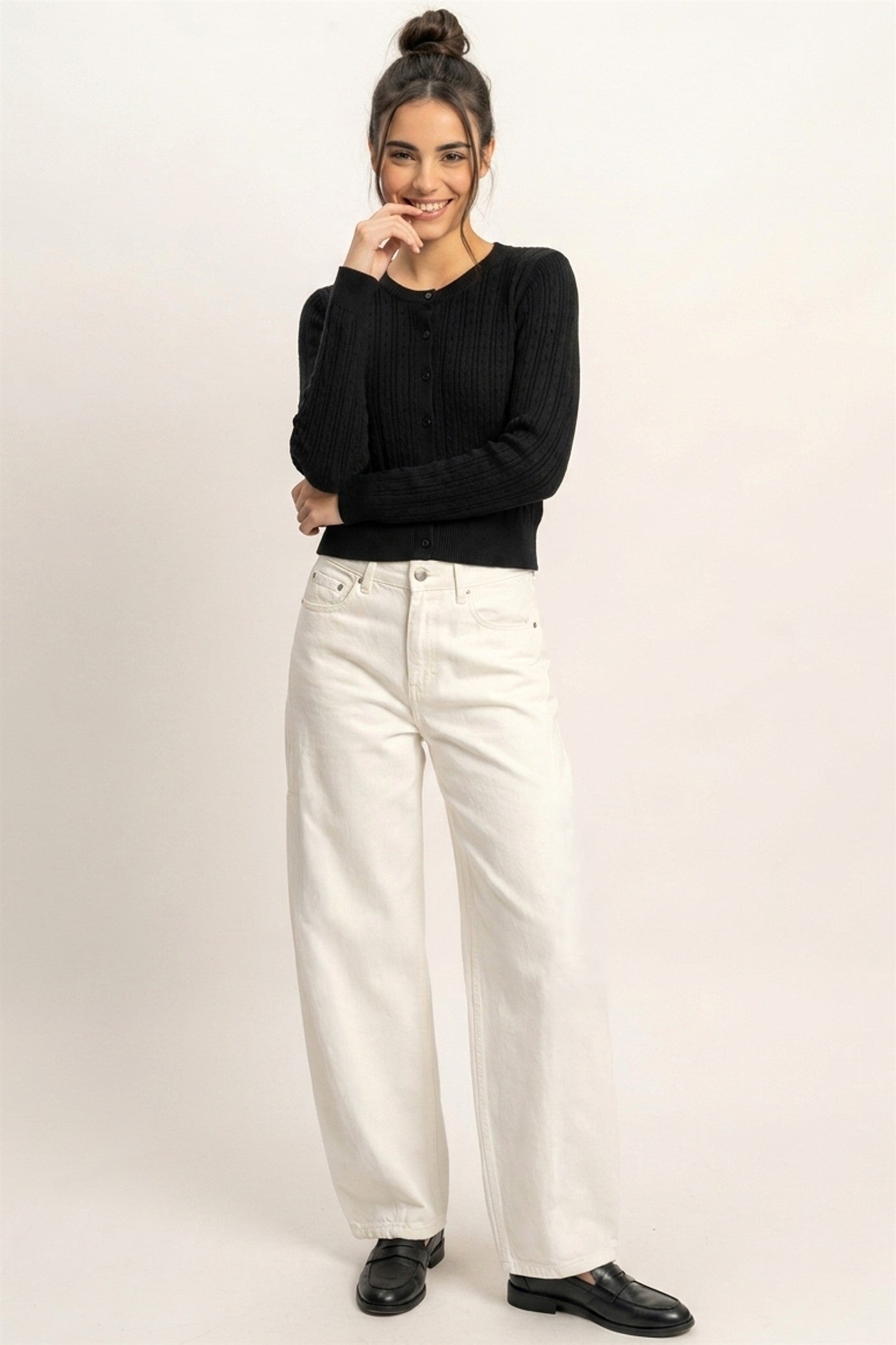 Wholesale Pointelle Button-Down Cardigan Cardigans DZ26E302 BLACK DOUBLE ZERO